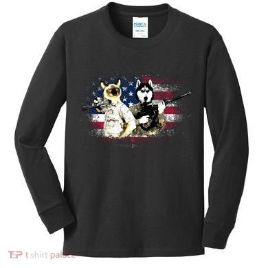Patriotic Cat And Wolf Troops Kids Long Sleeve Shirt