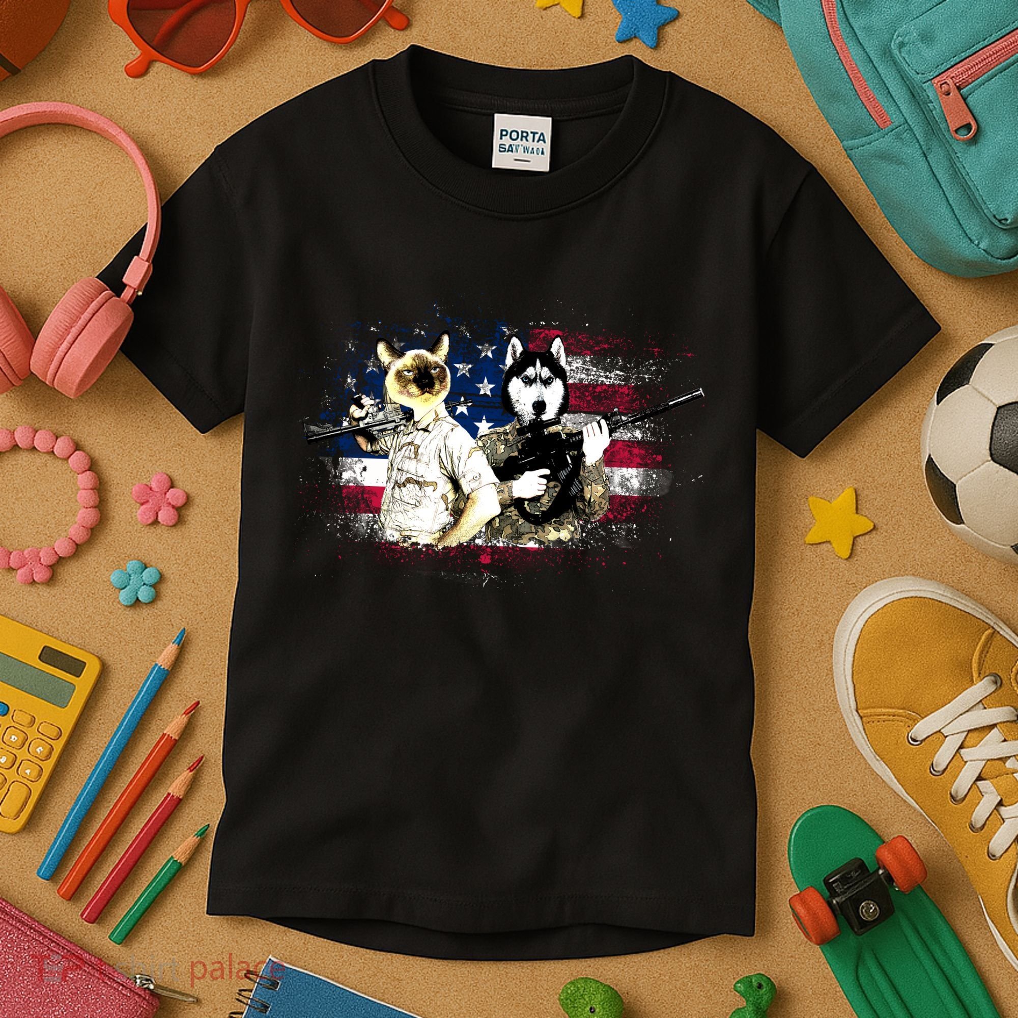 Patriotic Cat And Wolf Troops Kids T-Shirt