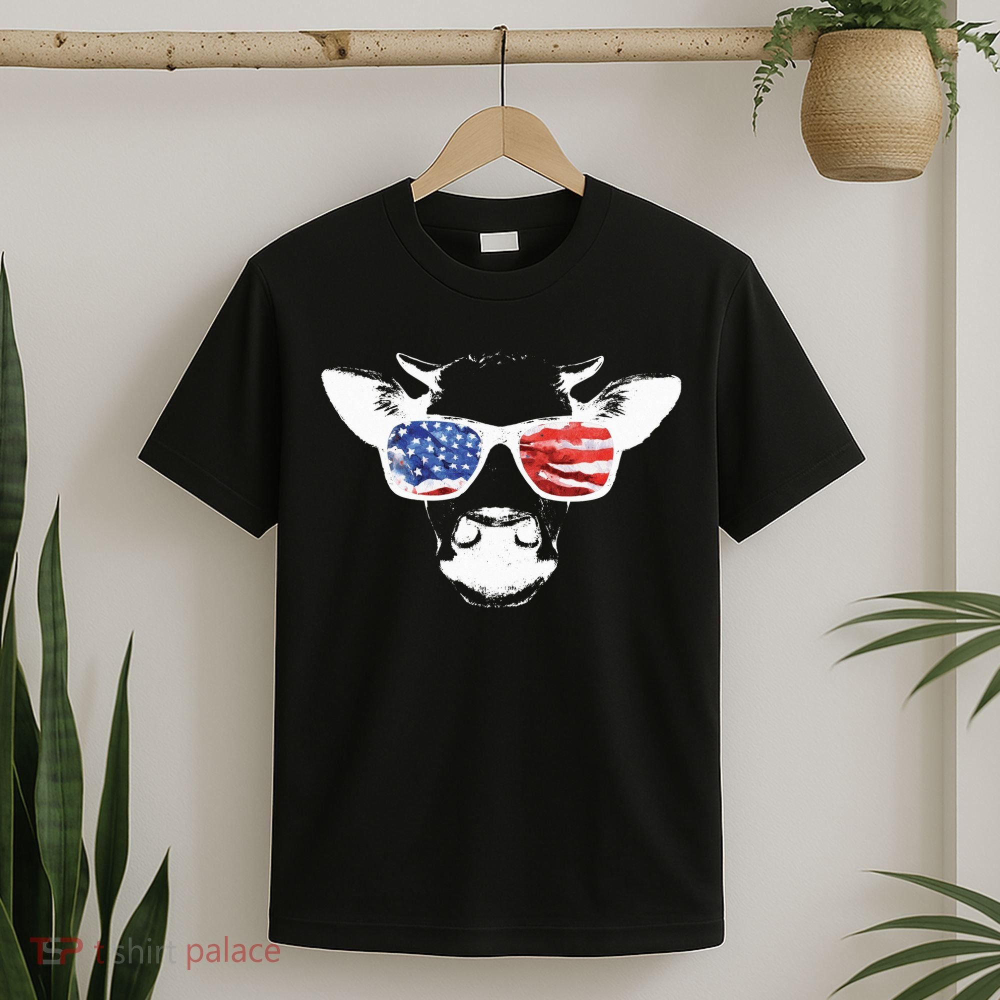 Patriotic Cow USA Flag Sunglasses T-Shirt