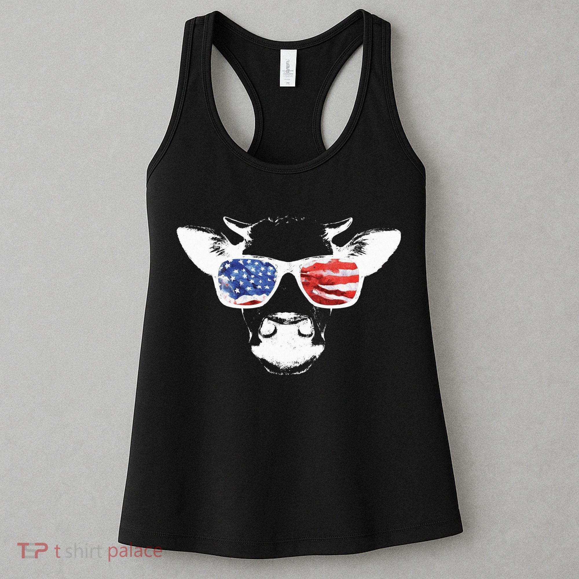 Patriotic Cow USA Flag Sunglasses Women's Tank Top