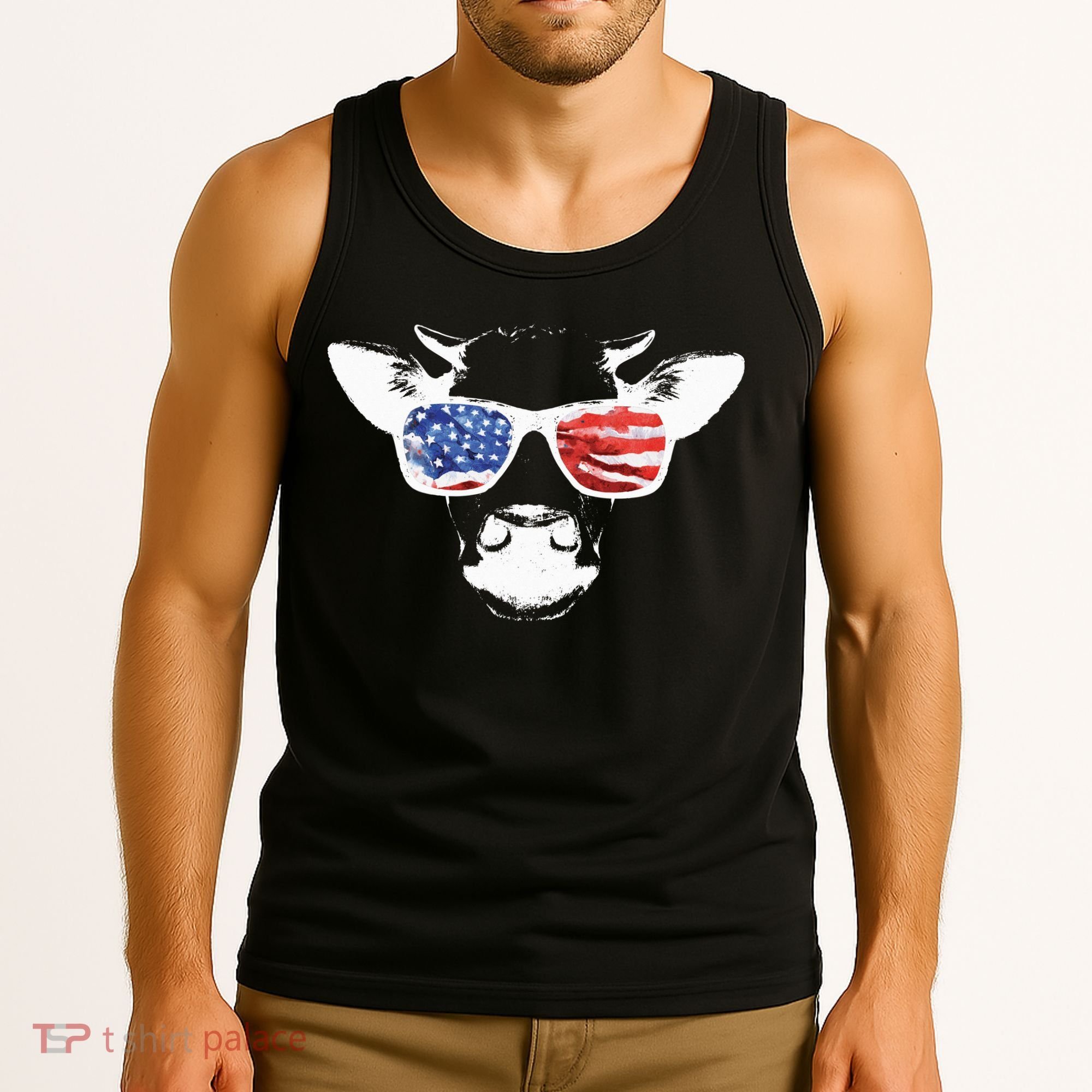 Patriotic Cow USA Flag Sunglasses Tank Top