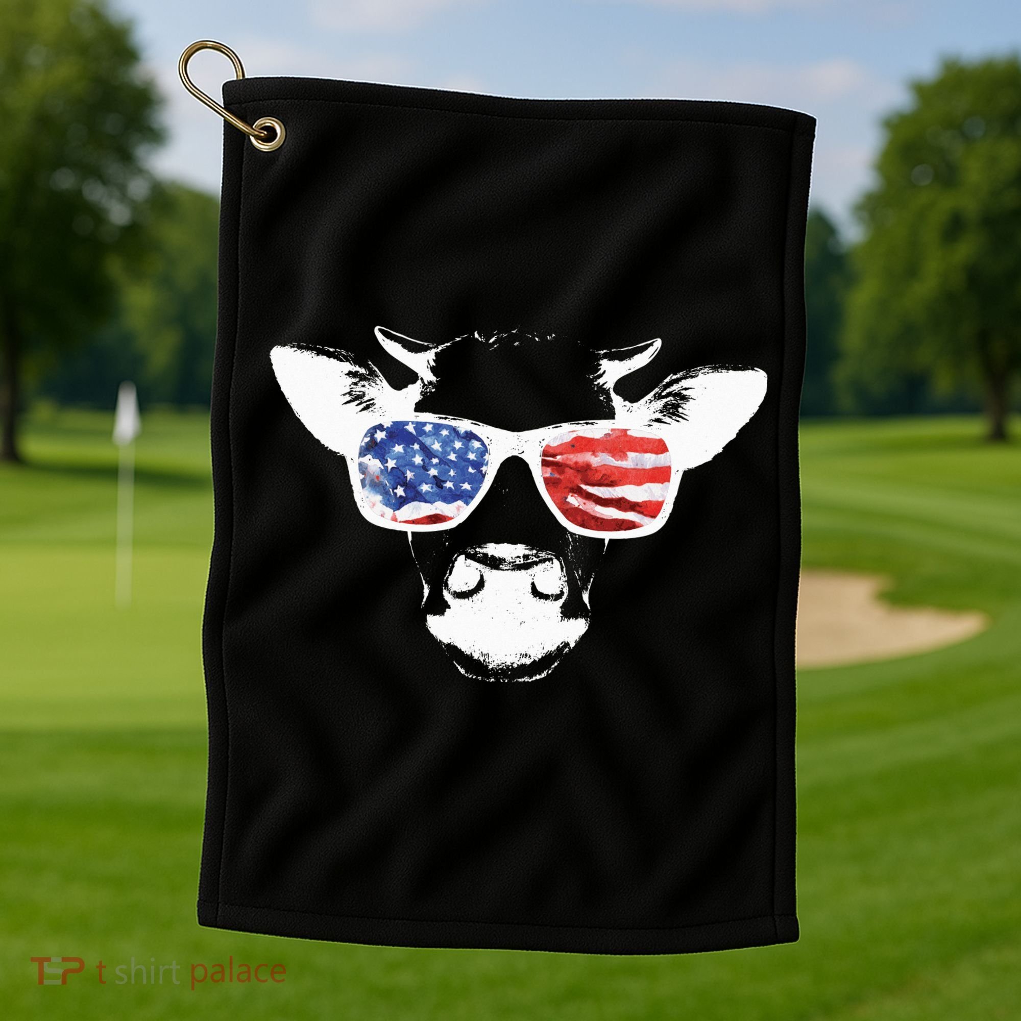 Patriotic Cow USA Flag Sunglasses Golf Towel