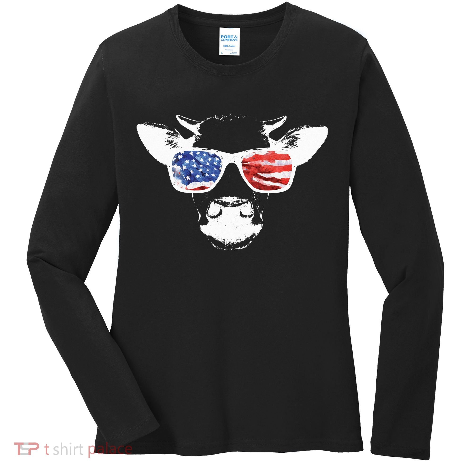 Patriotic Cow USA Flag Sunglasses Women's Long Sleeve Shirt