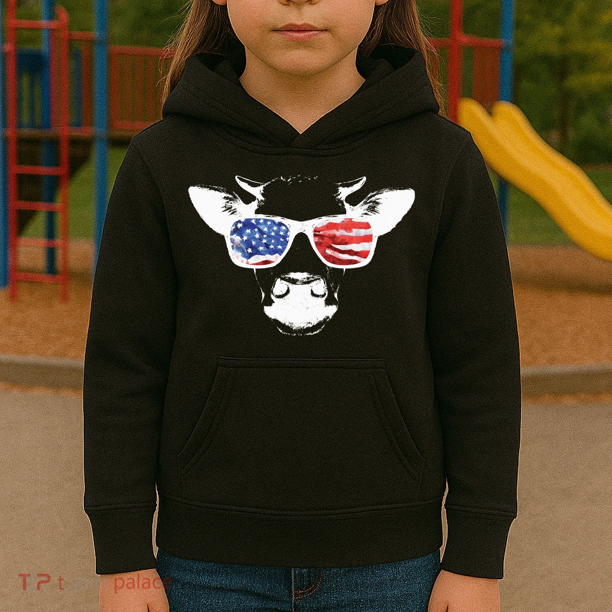 Patriotic Cow USA Flag Sunglasses Kids Hoodie