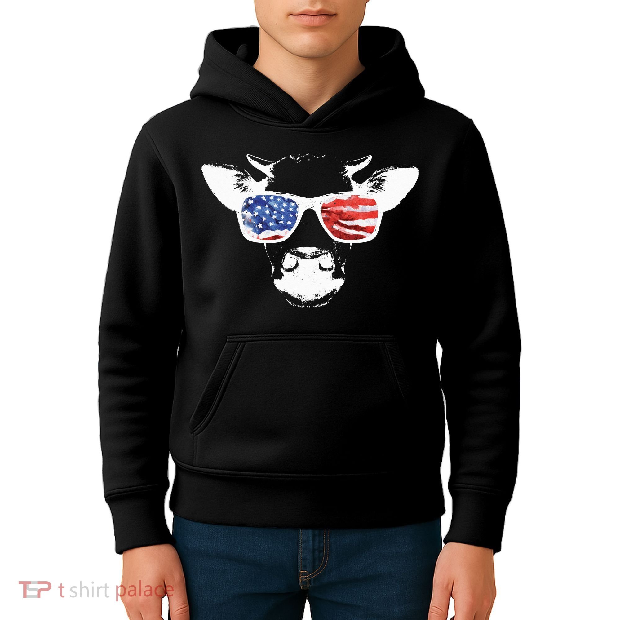 Patriotic Cow USA Flag Sunglasses Kids Hoodie