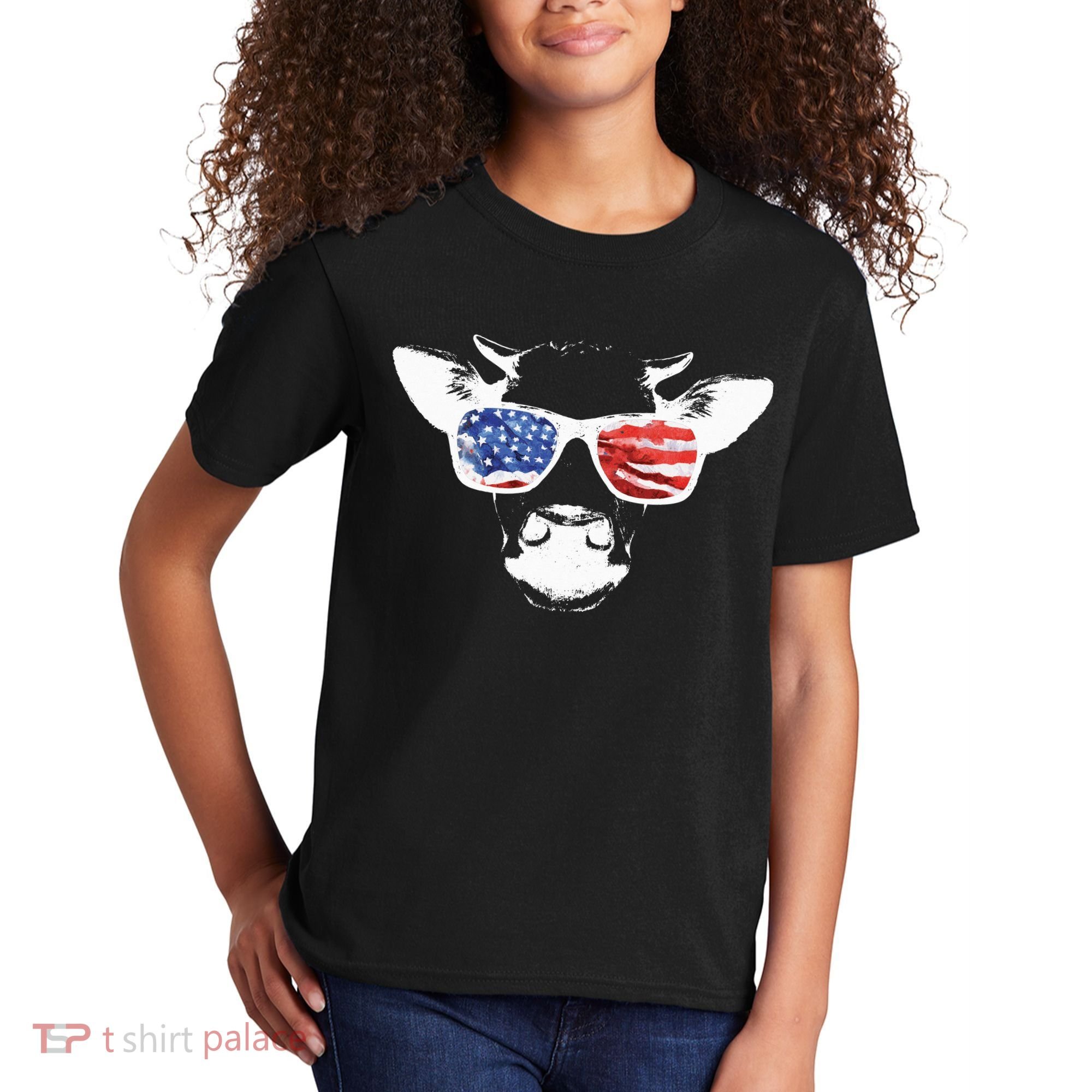 Patriotic Cow USA Flag Sunglasses Kids T-Shirt