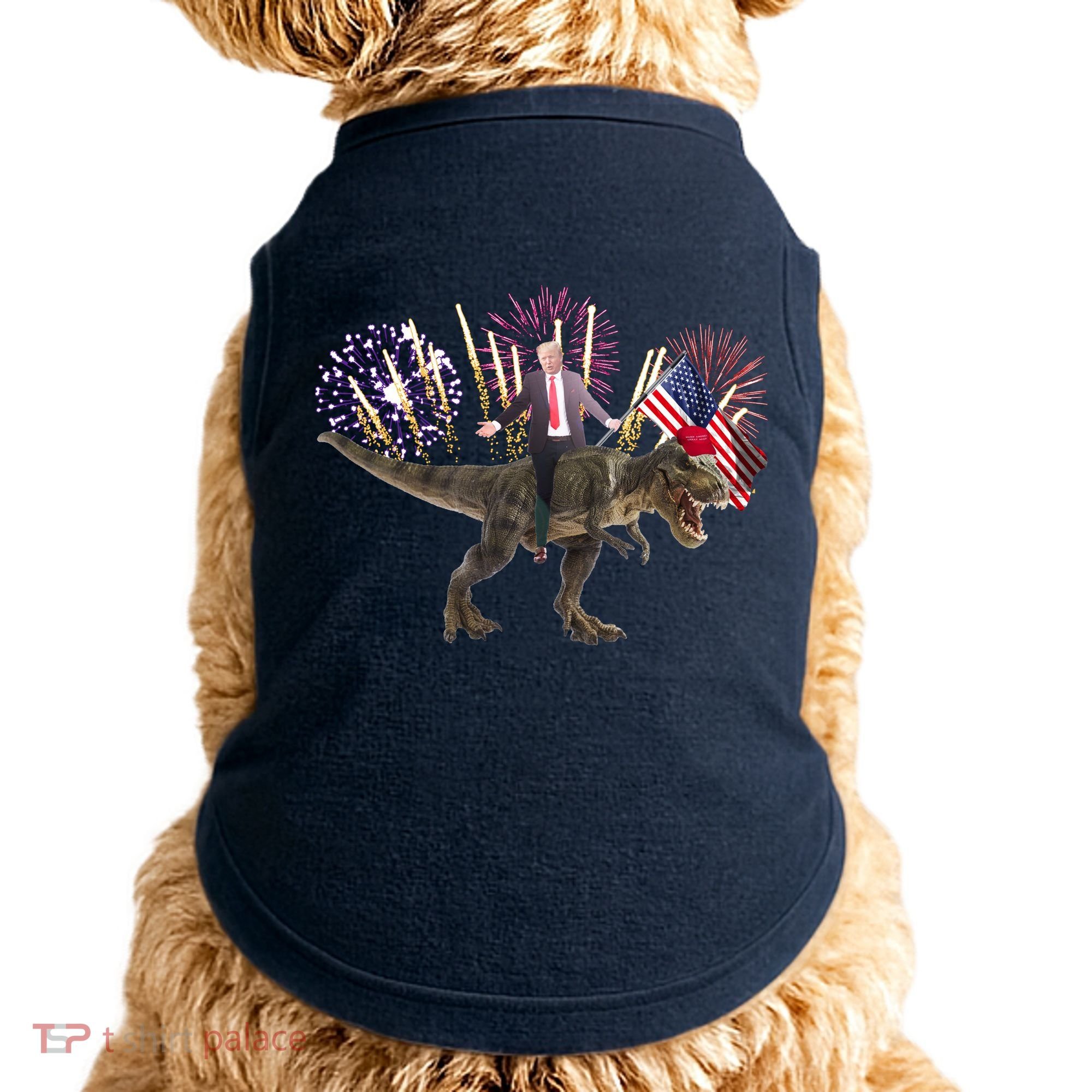 Patriotic Donald Trump On A Dinosaur Doggie Tank