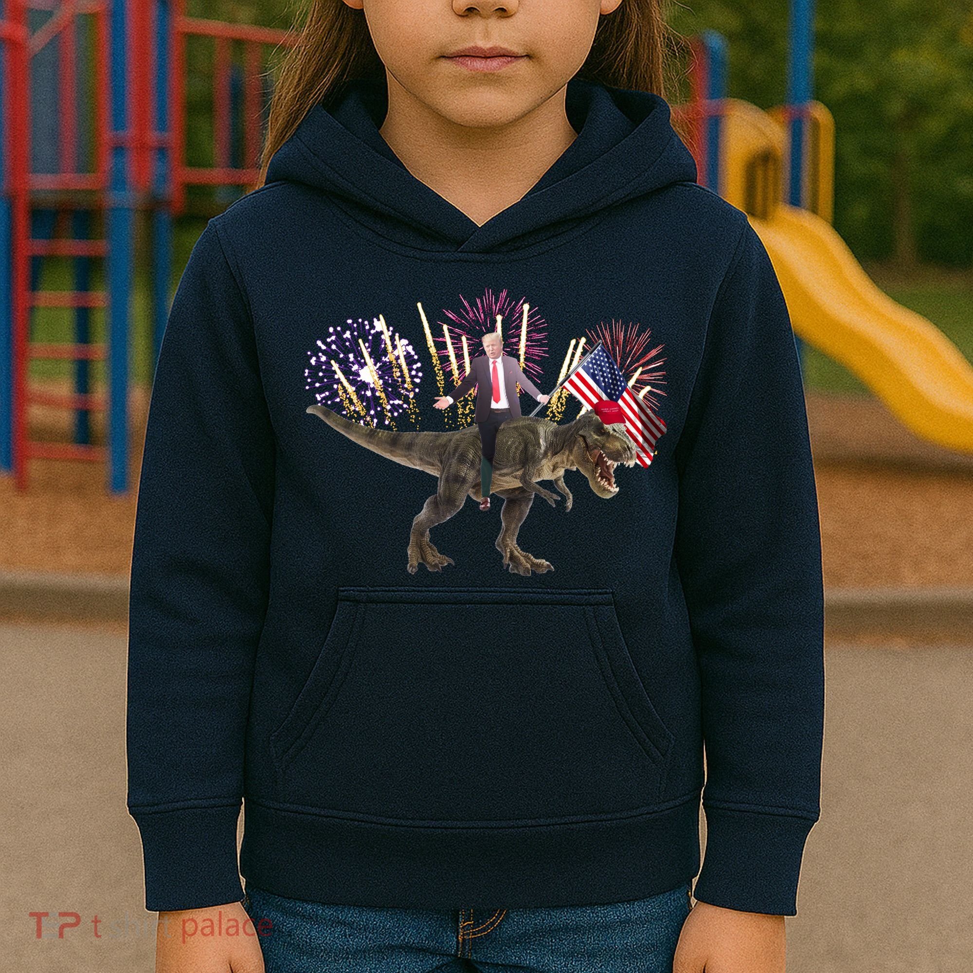 Patriotic Donald Trump On A Dinosaur Kids Hoodie