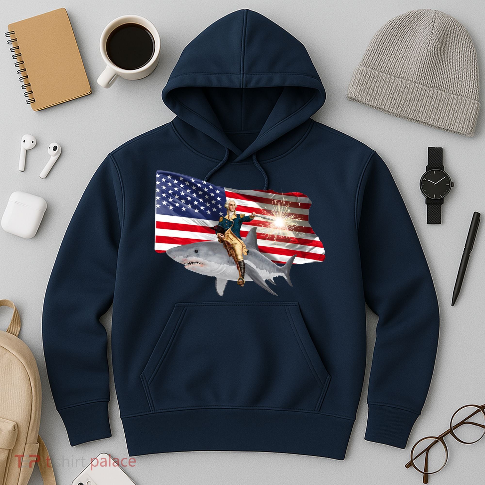 Patriotic George Washington On A Shark Hoodie