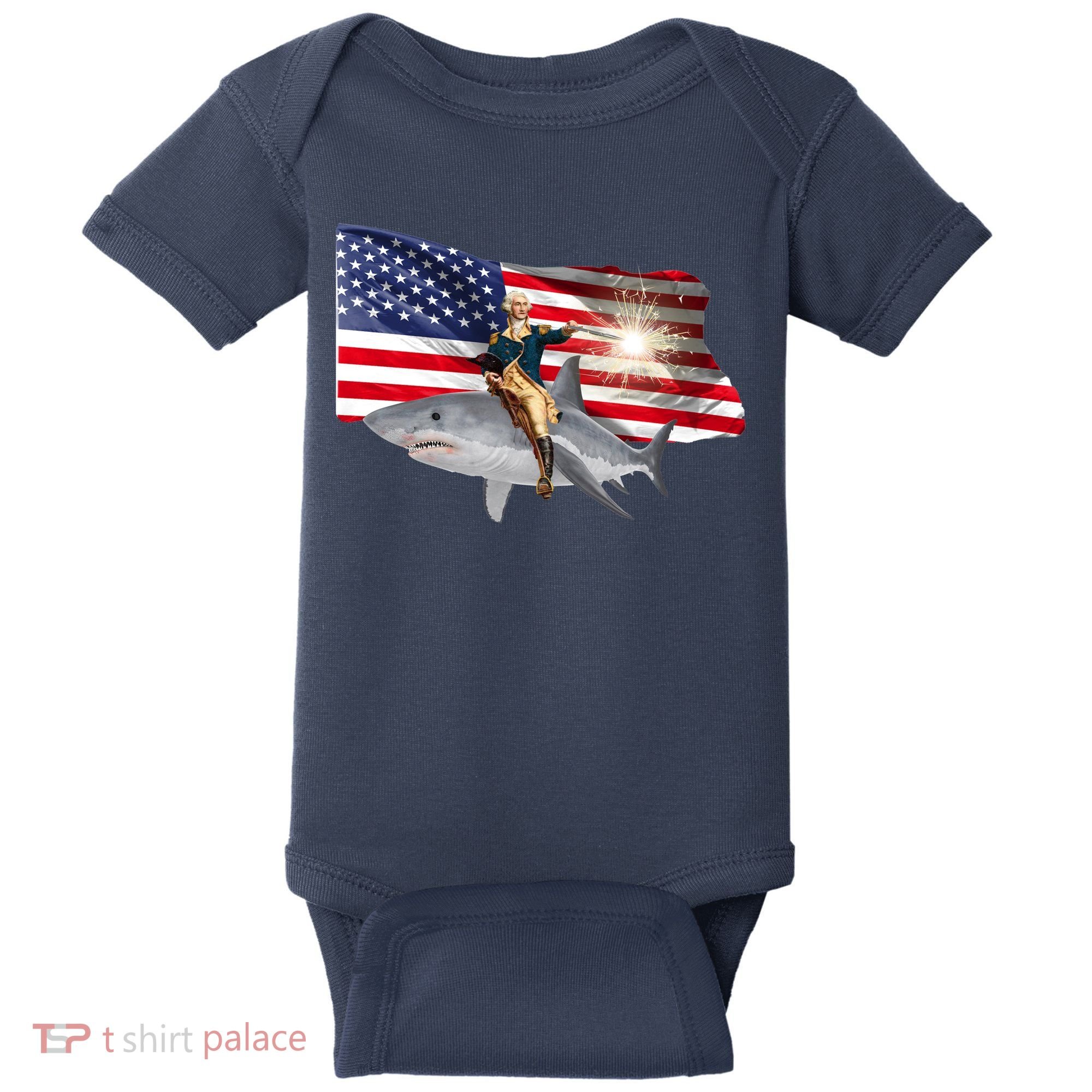 Patriotic George Washington On A Shark Baby Bodysuit