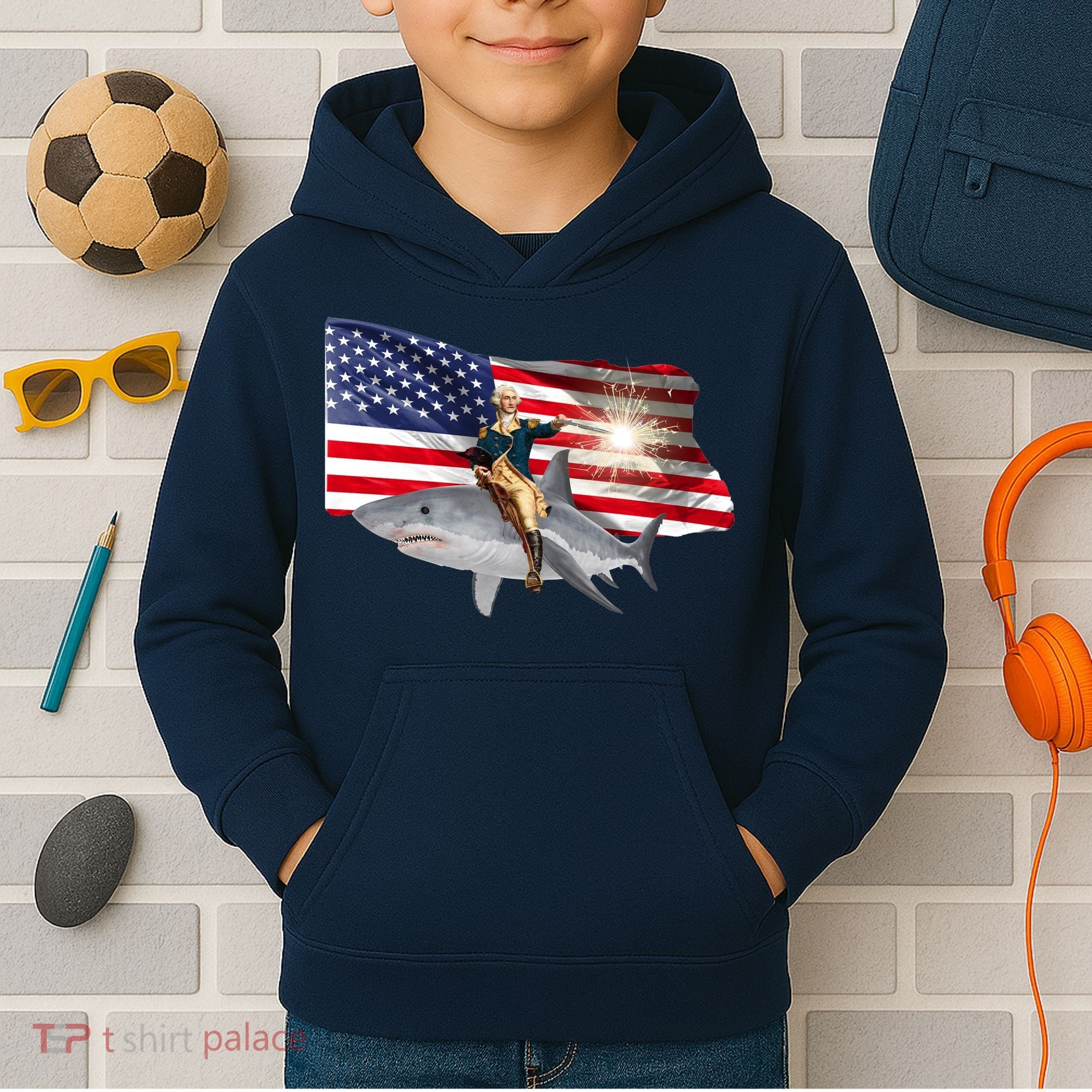 Patriotic George Washington On A Shark Kids Hoodie