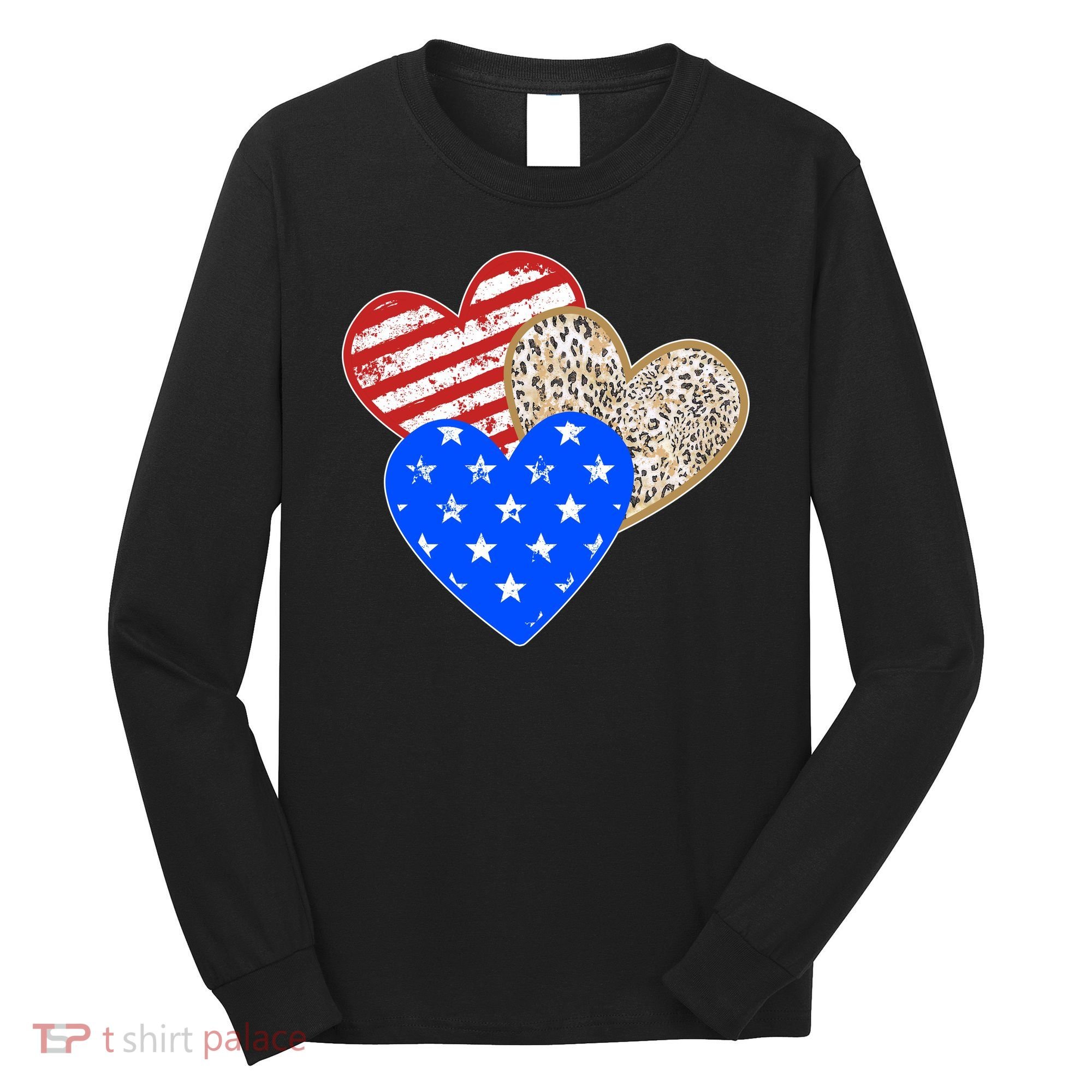Patriotic Leopard Print Stars And Stripes Hearts Long Sleeve Shirt