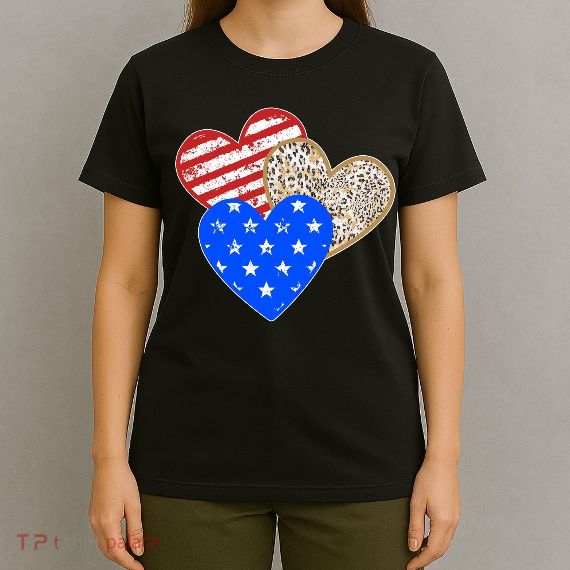 Patriotic Leopard Print Stars And Stripes Hearts T-Shirt