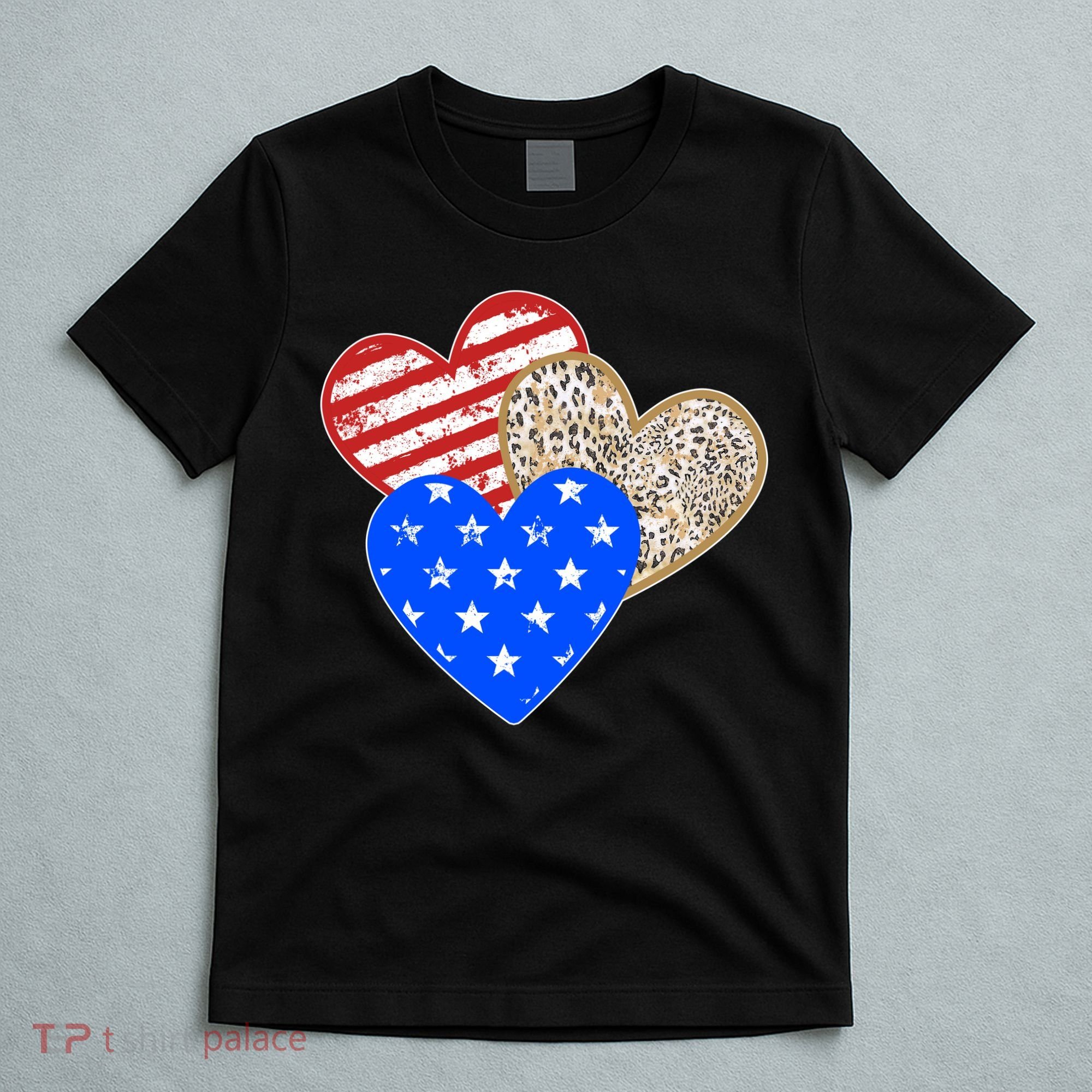 Patriotic Leopard Print Stars And Stripes Hearts T-Shirt