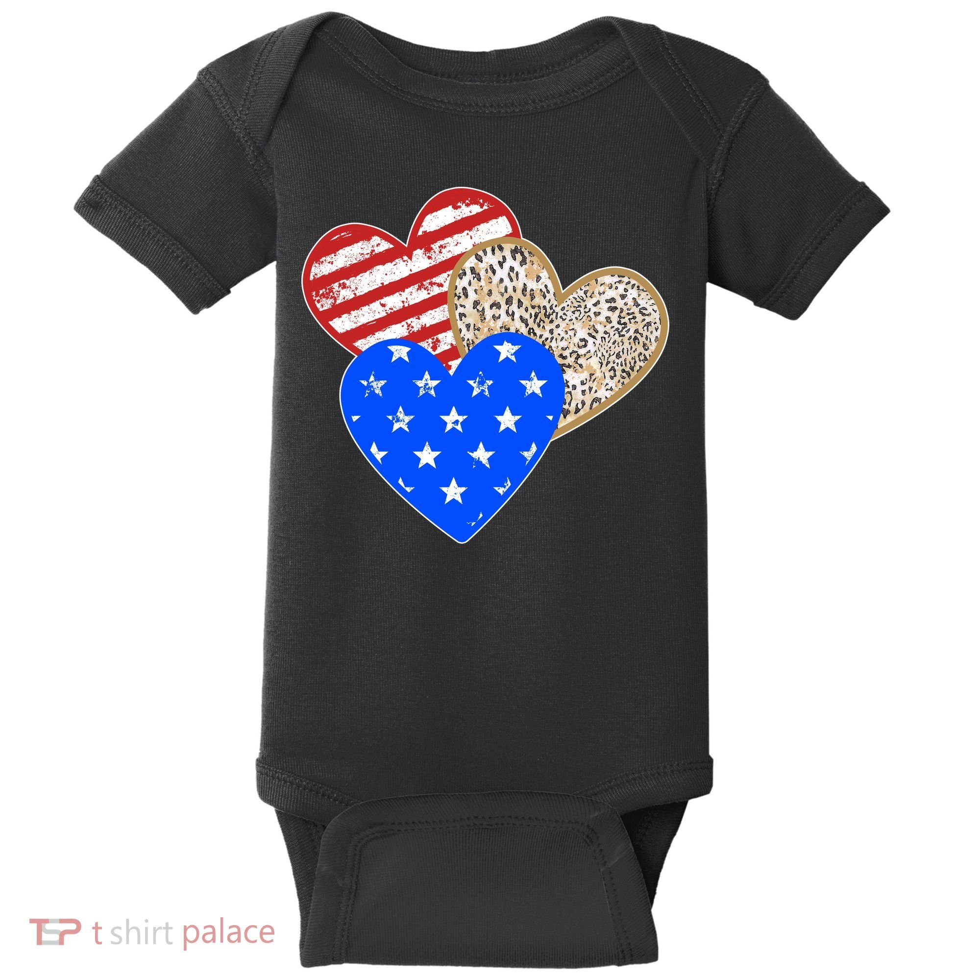Patriotic Leopard Print Stars And Stripes Hearts Baby Bodysuit