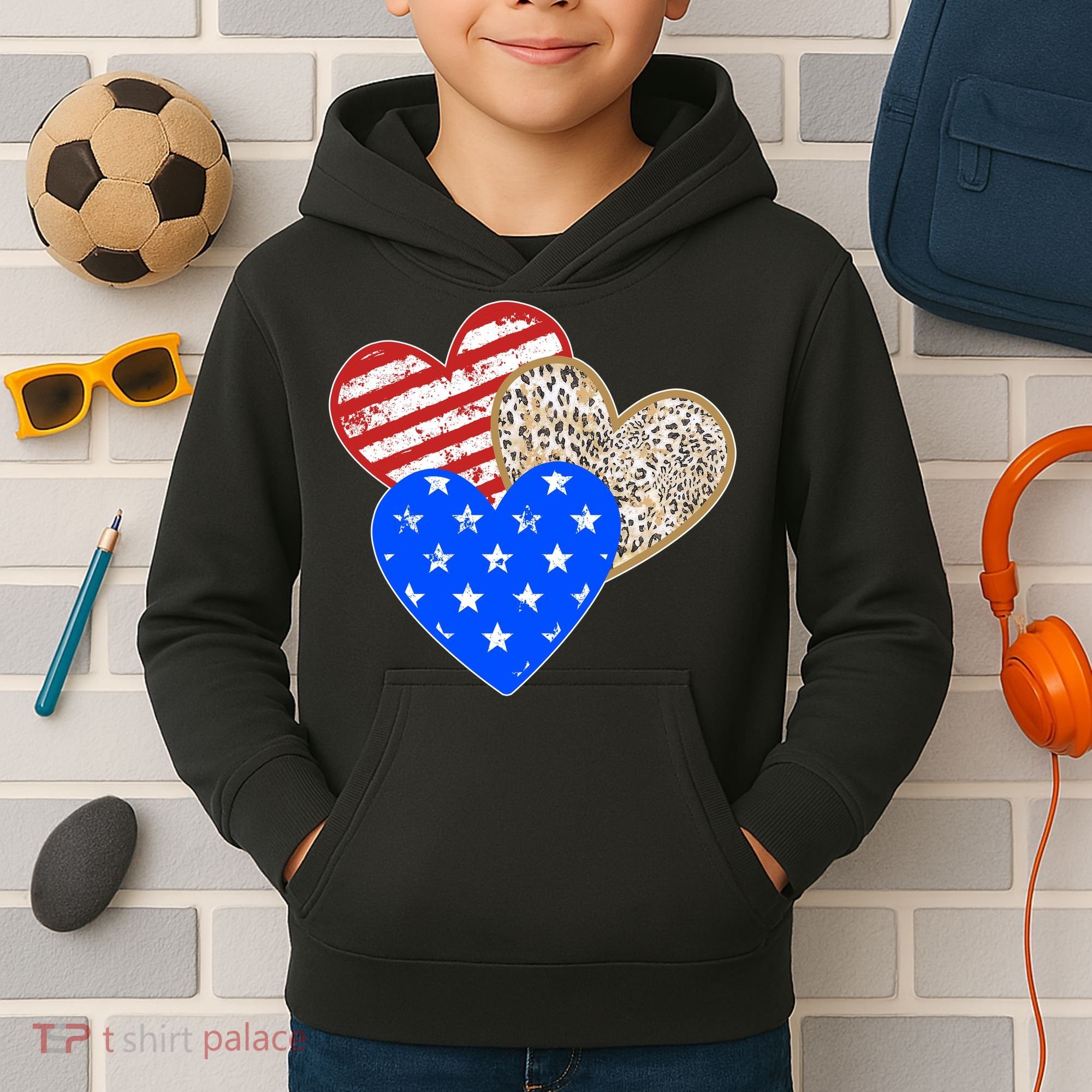 Patriotic Leopard Print Stars And Stripes Hearts Kids Hoodie