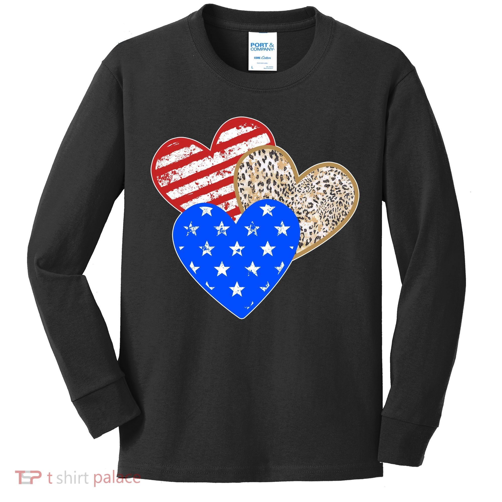 Patriotic Leopard Print Stars And Stripes Hearts Kids Long Sleeve Shirt