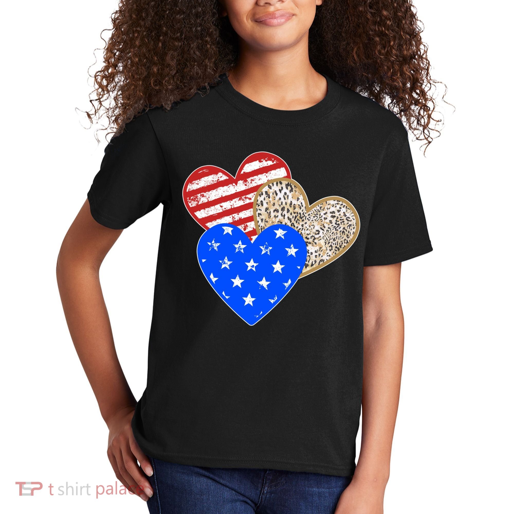 Patriotic Leopard Print Stars And Stripes Hearts Kids T-Shirt