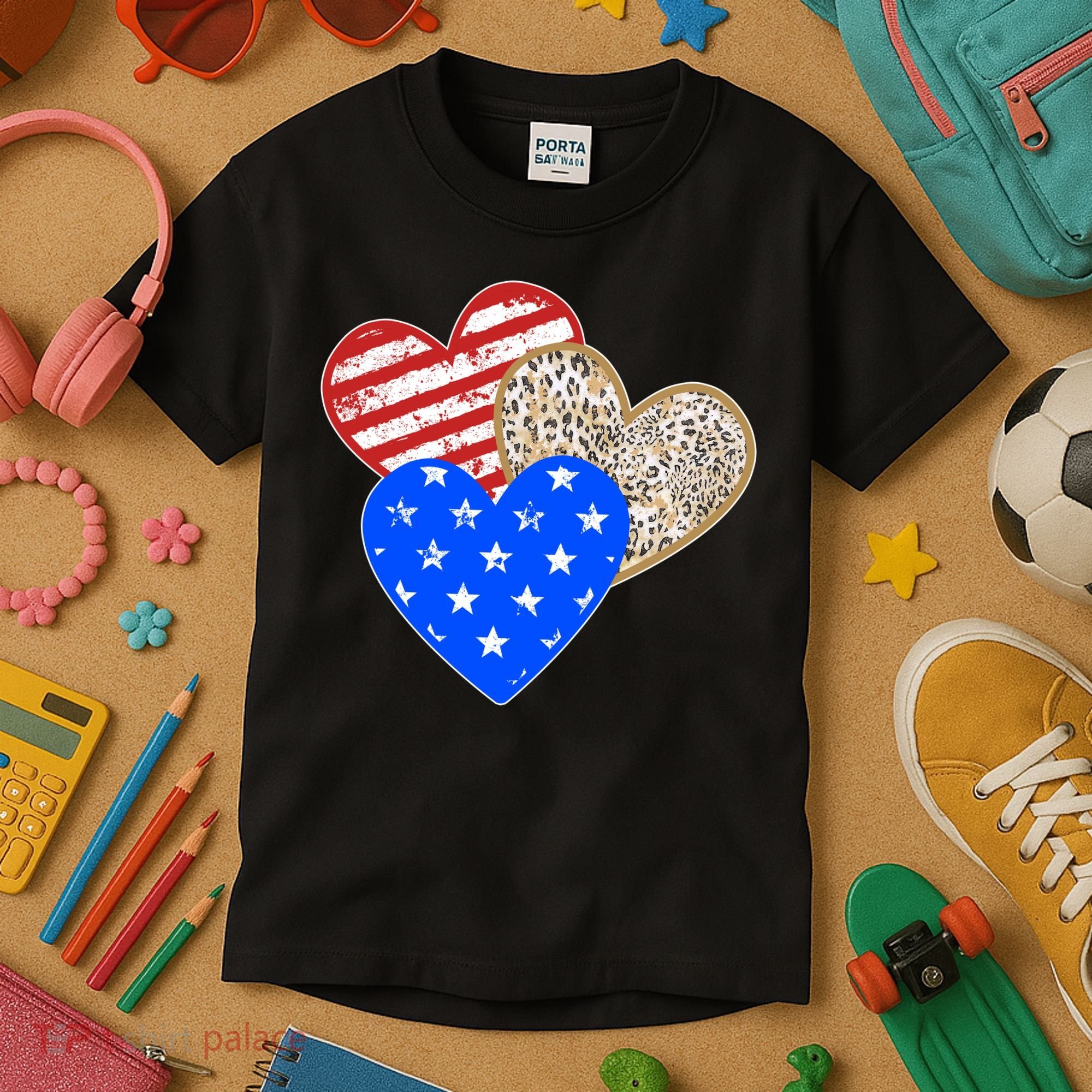 Patriotic Leopard Print Stars And Stripes Hearts Kids T-Shirt