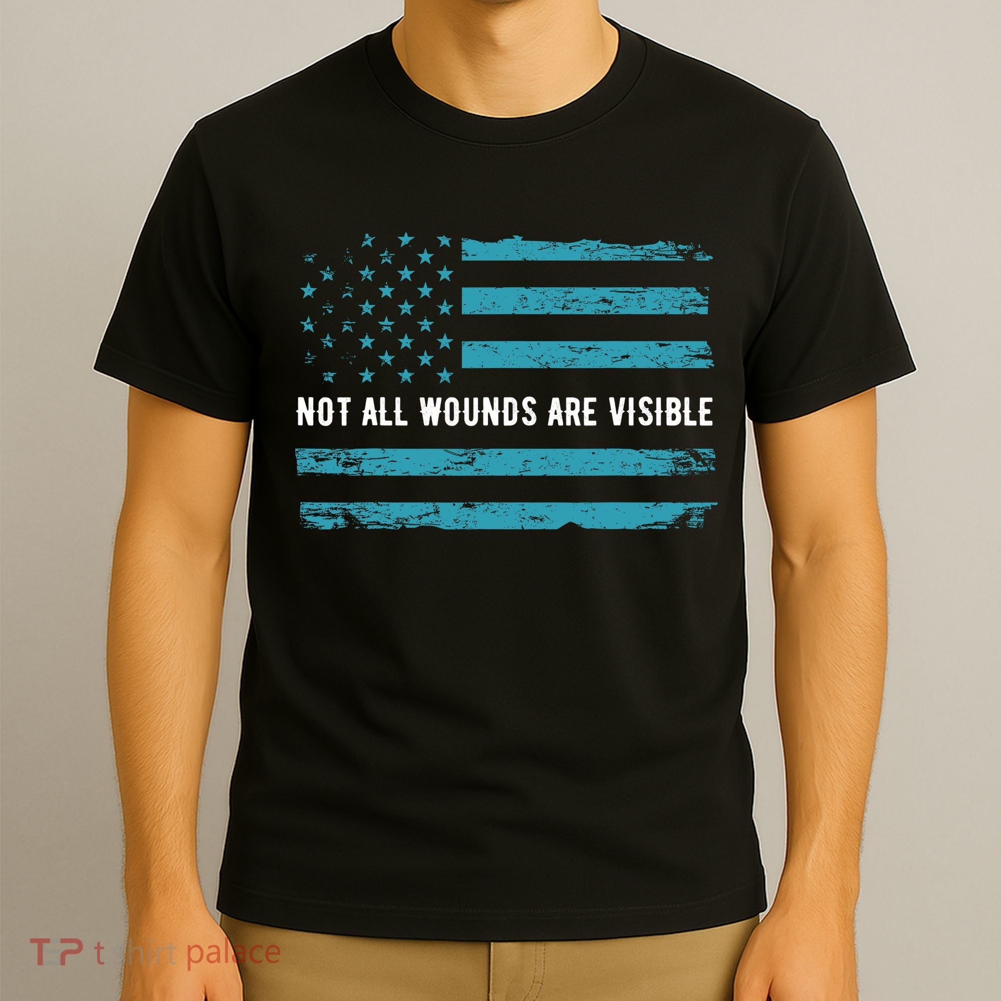 Ptsd Awareness Us Flag In Teal Color T Warrior Gift T-Shirt