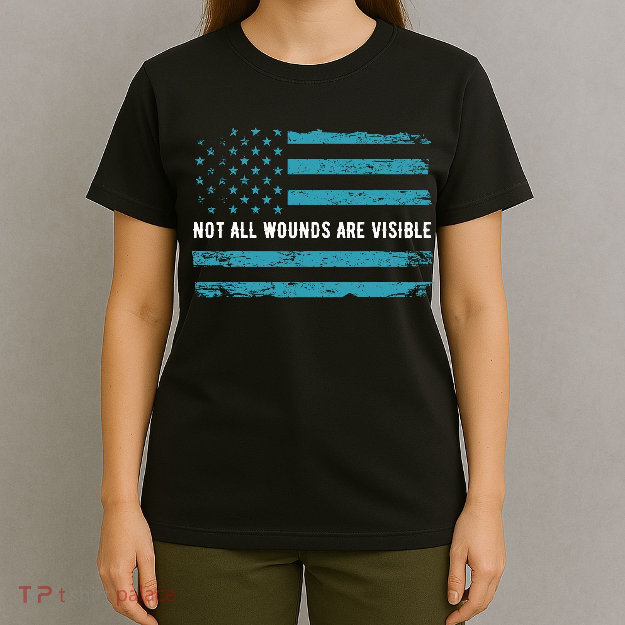 Ptsd Awareness Us Flag In Teal Color T Warrior Gift T-Shirt