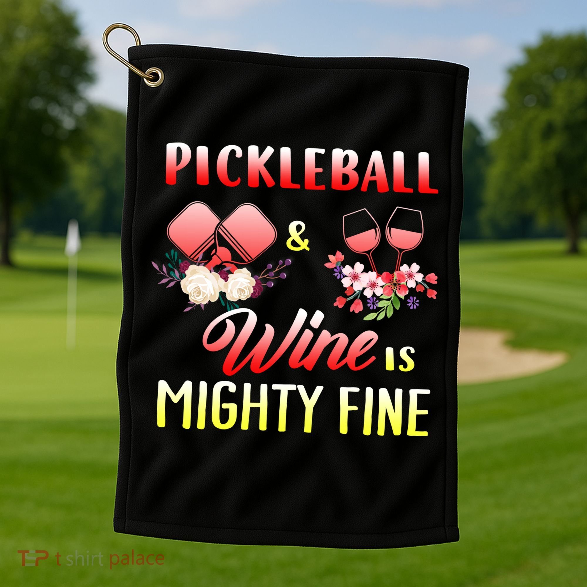 PICKLEBALL AND WINE IS MIGHTY FINE Golf Towel