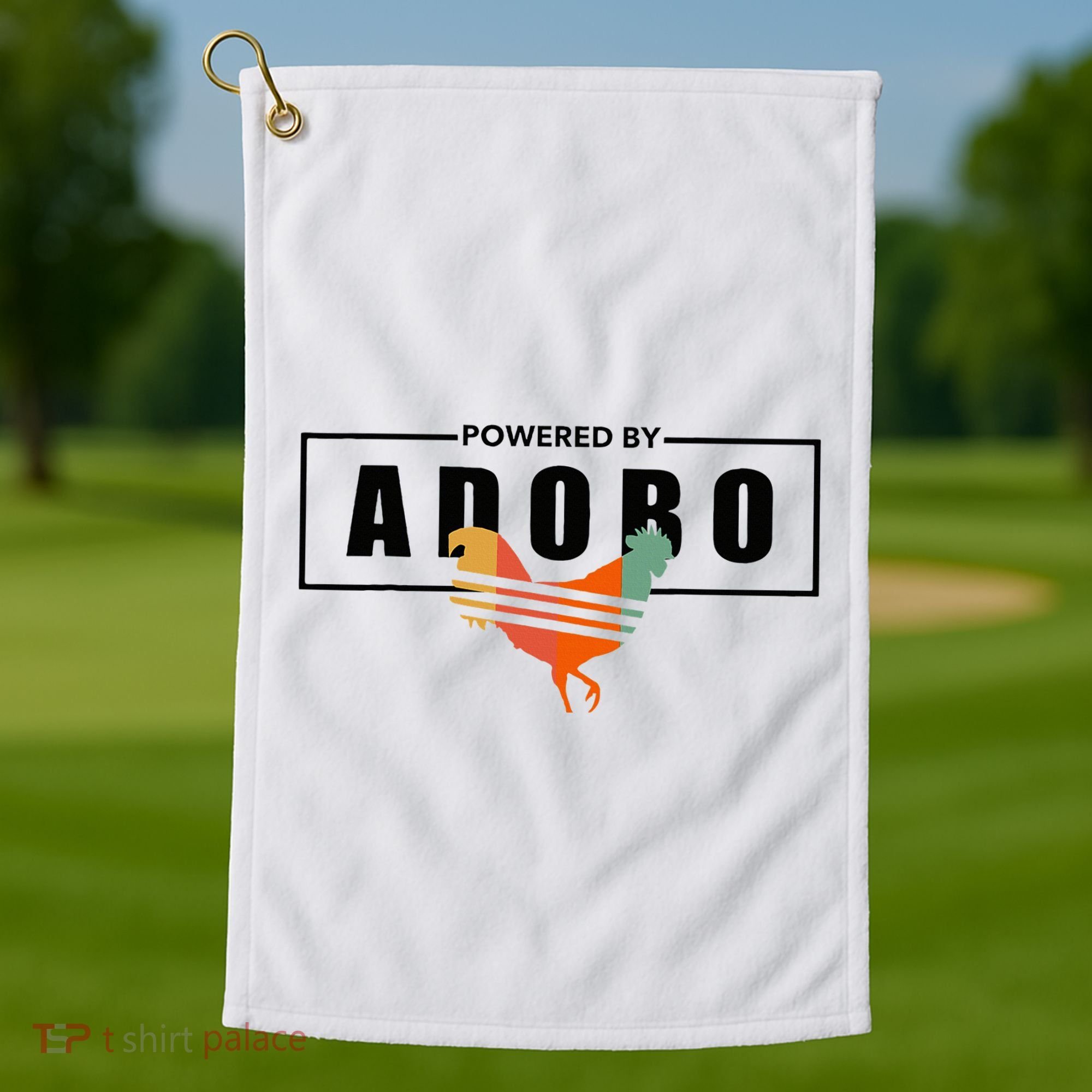 Powered By Adobo Chicken Retro Rooster Filipino Popular Food Golf Towel