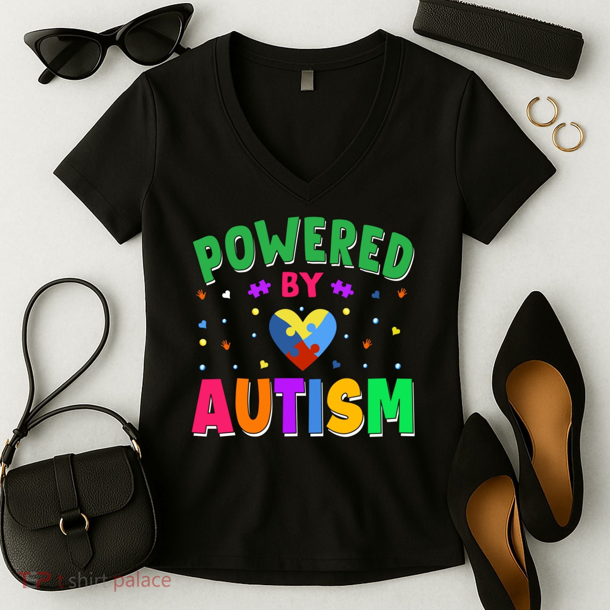 Powered By Autism Awareness Month Autism - Autism Funny Gift Women's V-Neck T-Shirt