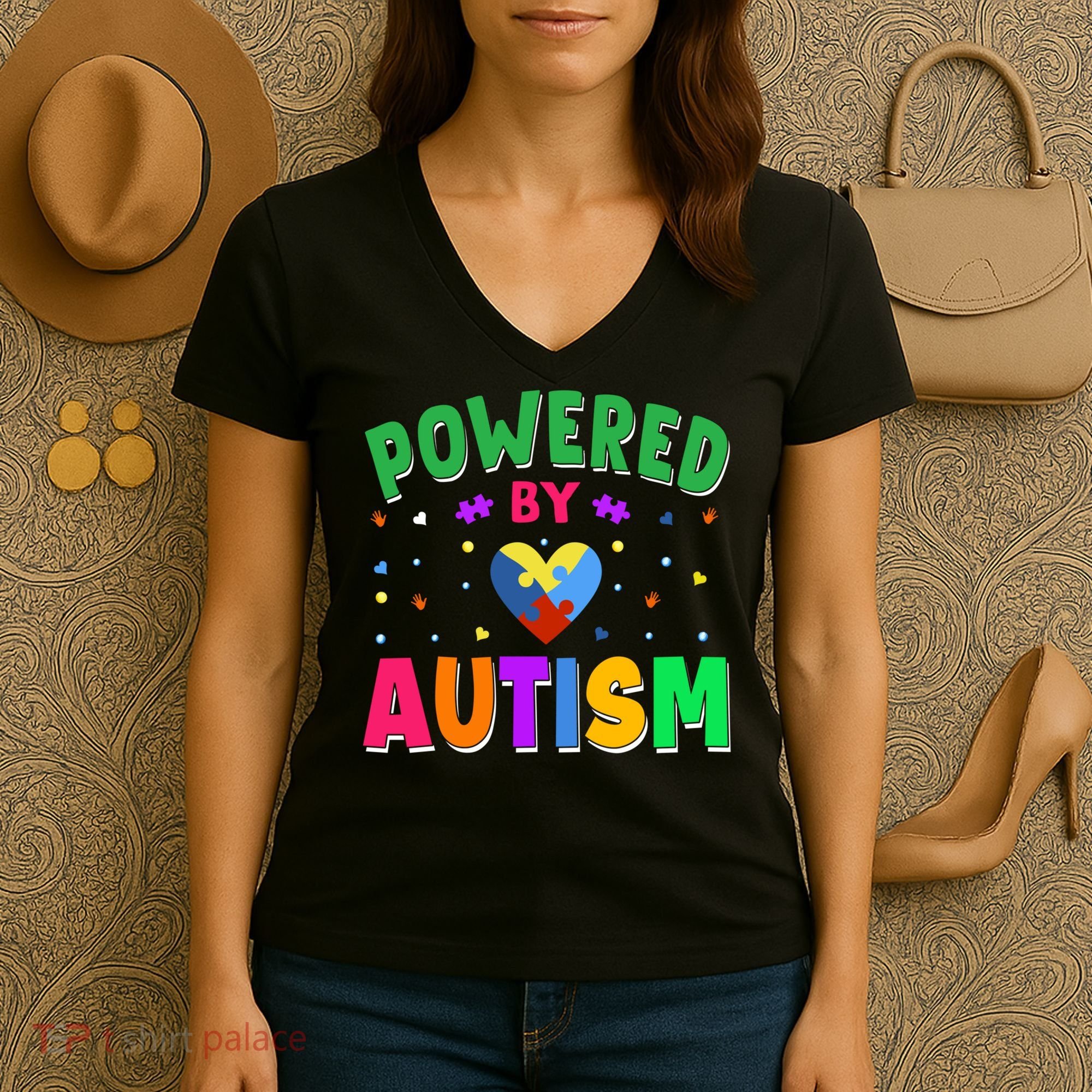 Powered By Autism Awareness Month Autism - Autism Funny Gift Women's V-Neck T-Shirt