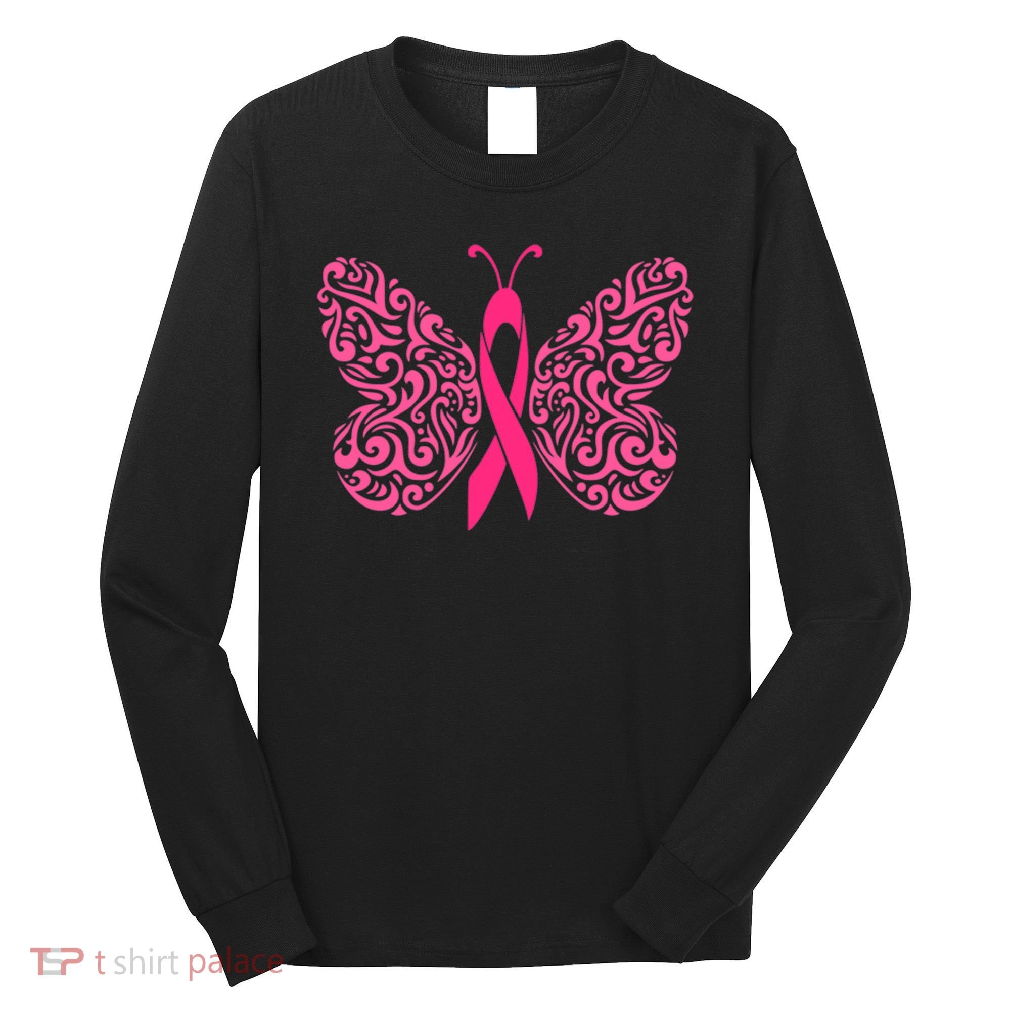 Pink Butterfly Breast Cancer Ribbon Long Sleeve Shirt