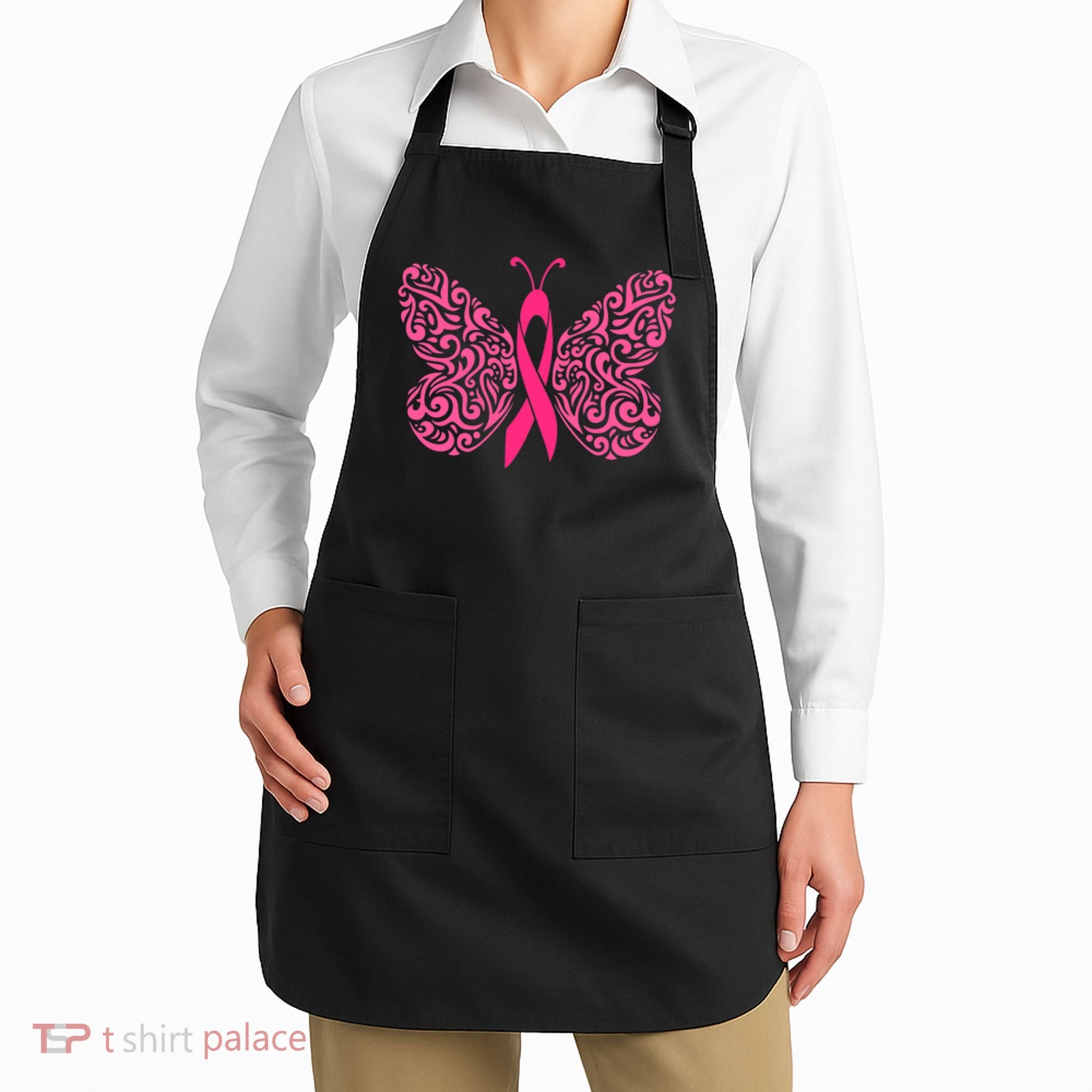 Pink Butterfly Breast Cancer Ribbon Apron