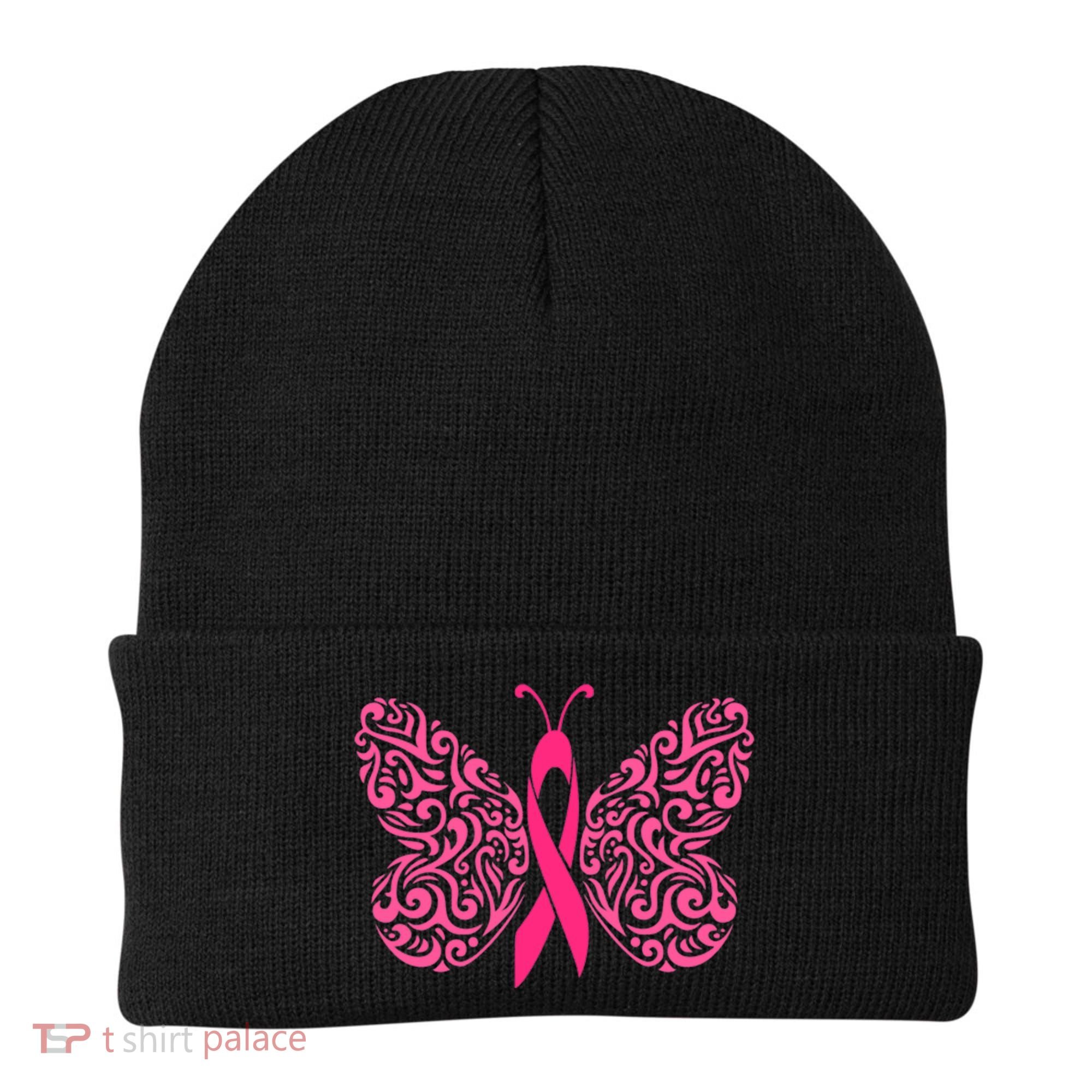 Pink Butterfly Breast Cancer Ribbon Beanie