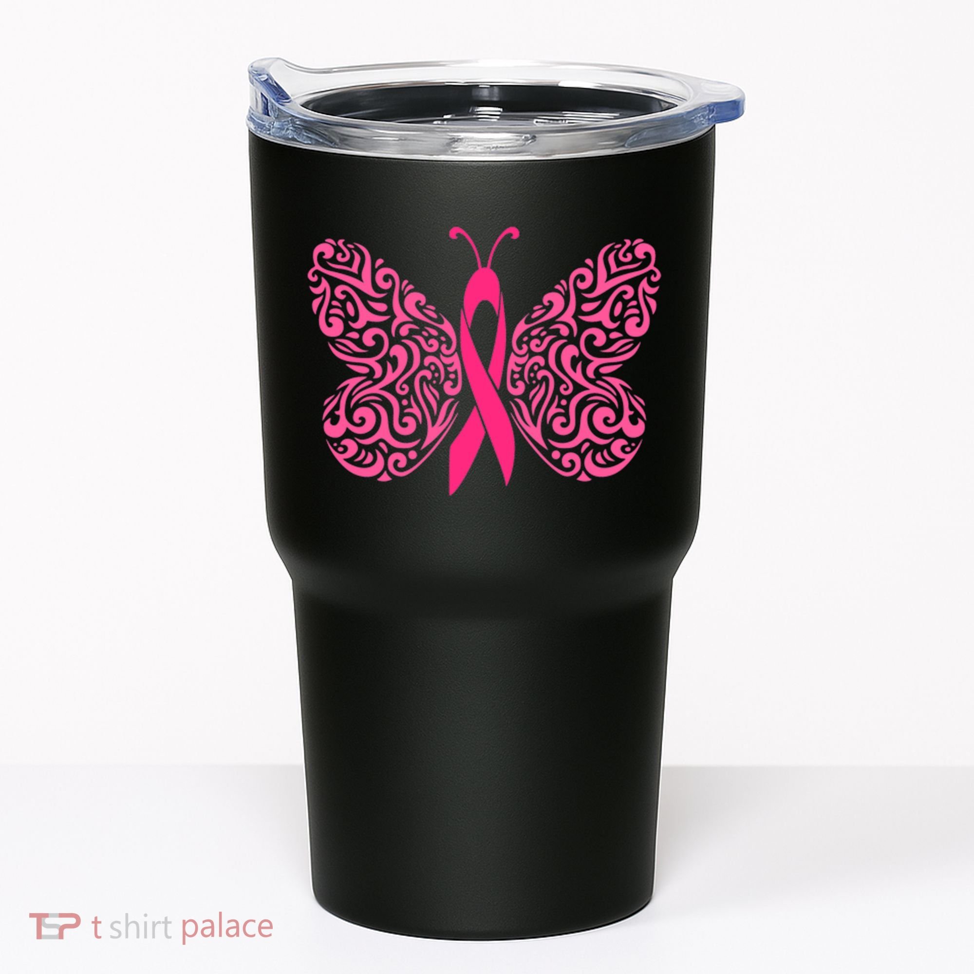 Pink Butterfly Breast Cancer Ribbon Tumbler