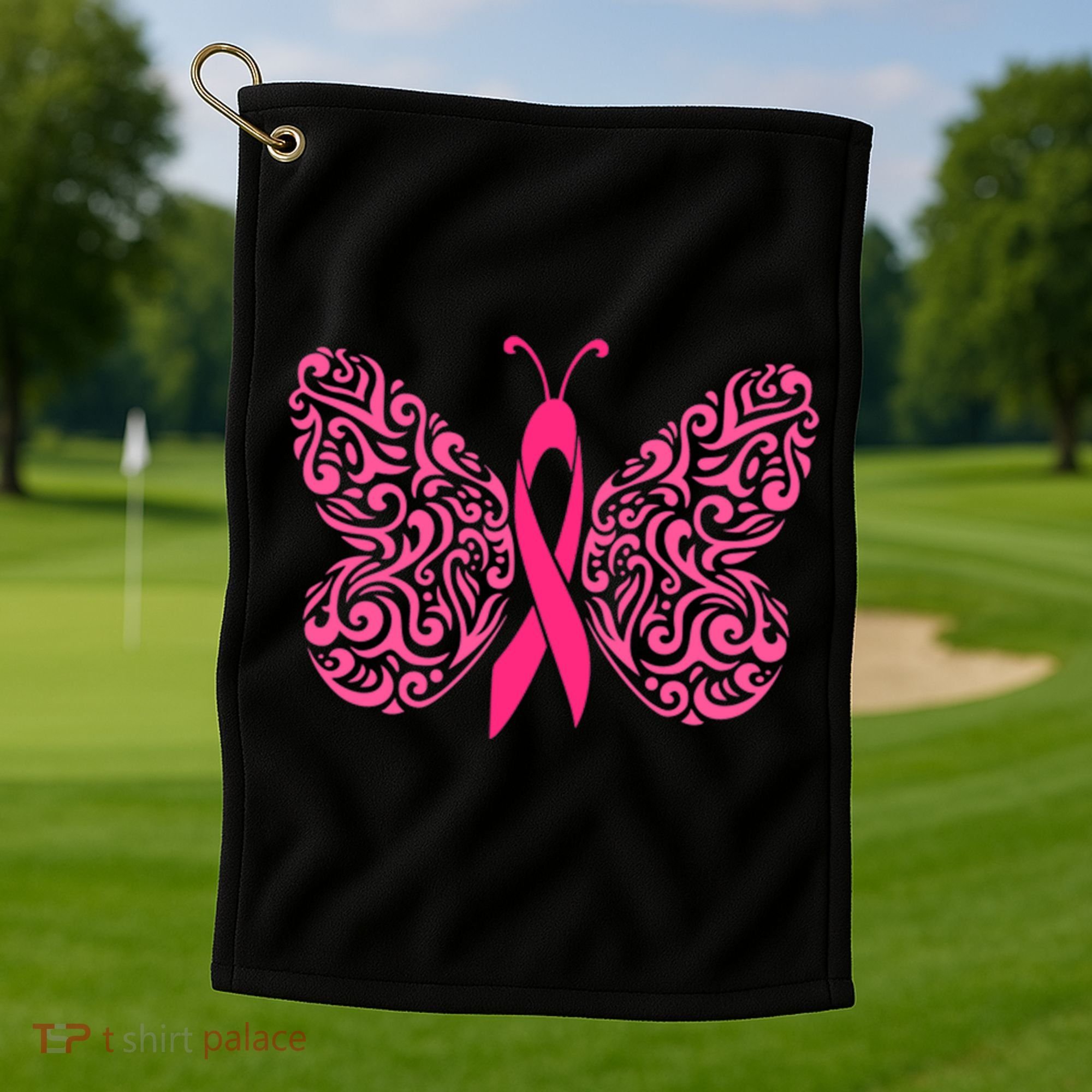 Pink Butterfly Breast Cancer Ribbon Golf Towel