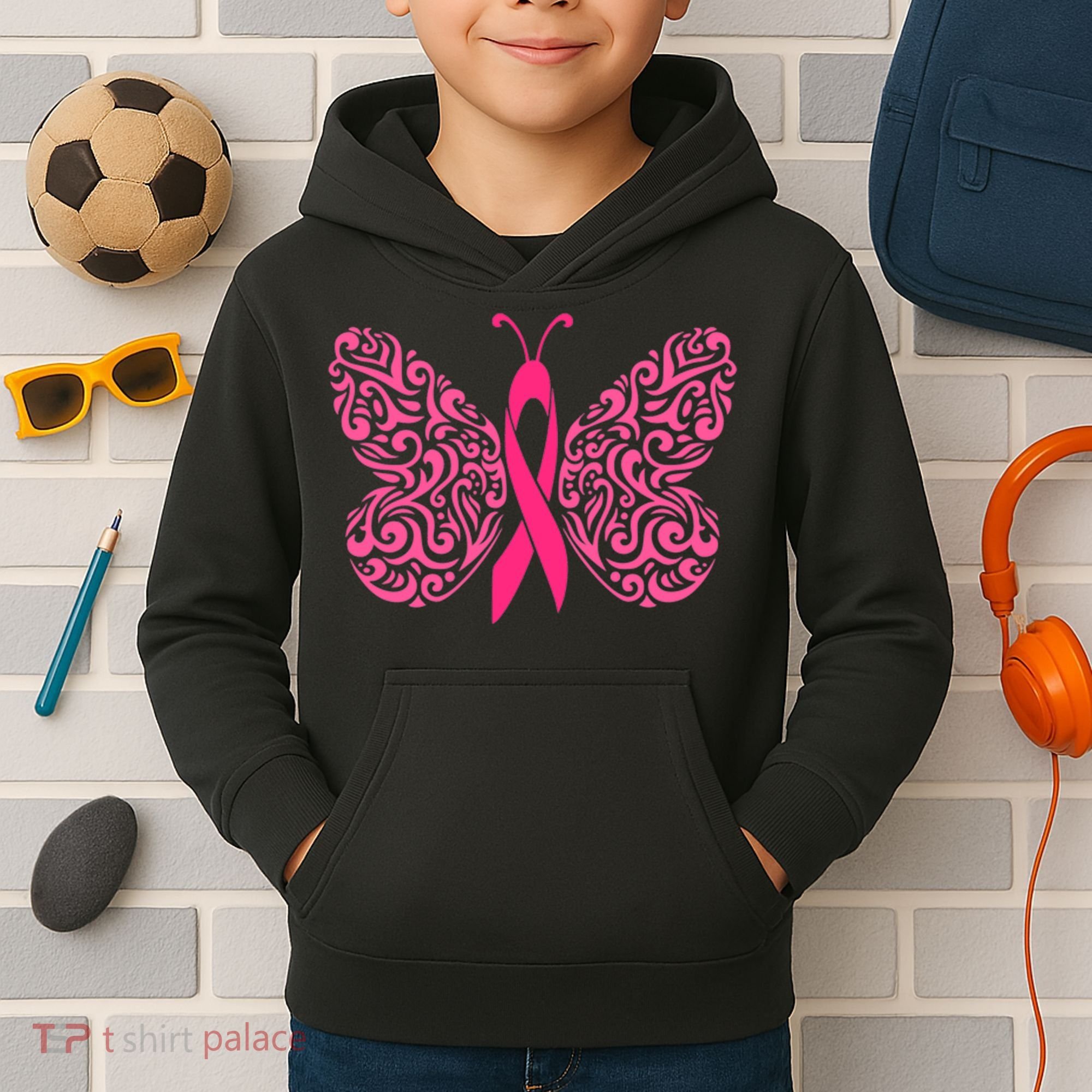 Pink Butterfly Breast Cancer Ribbon Kids Hoodie
