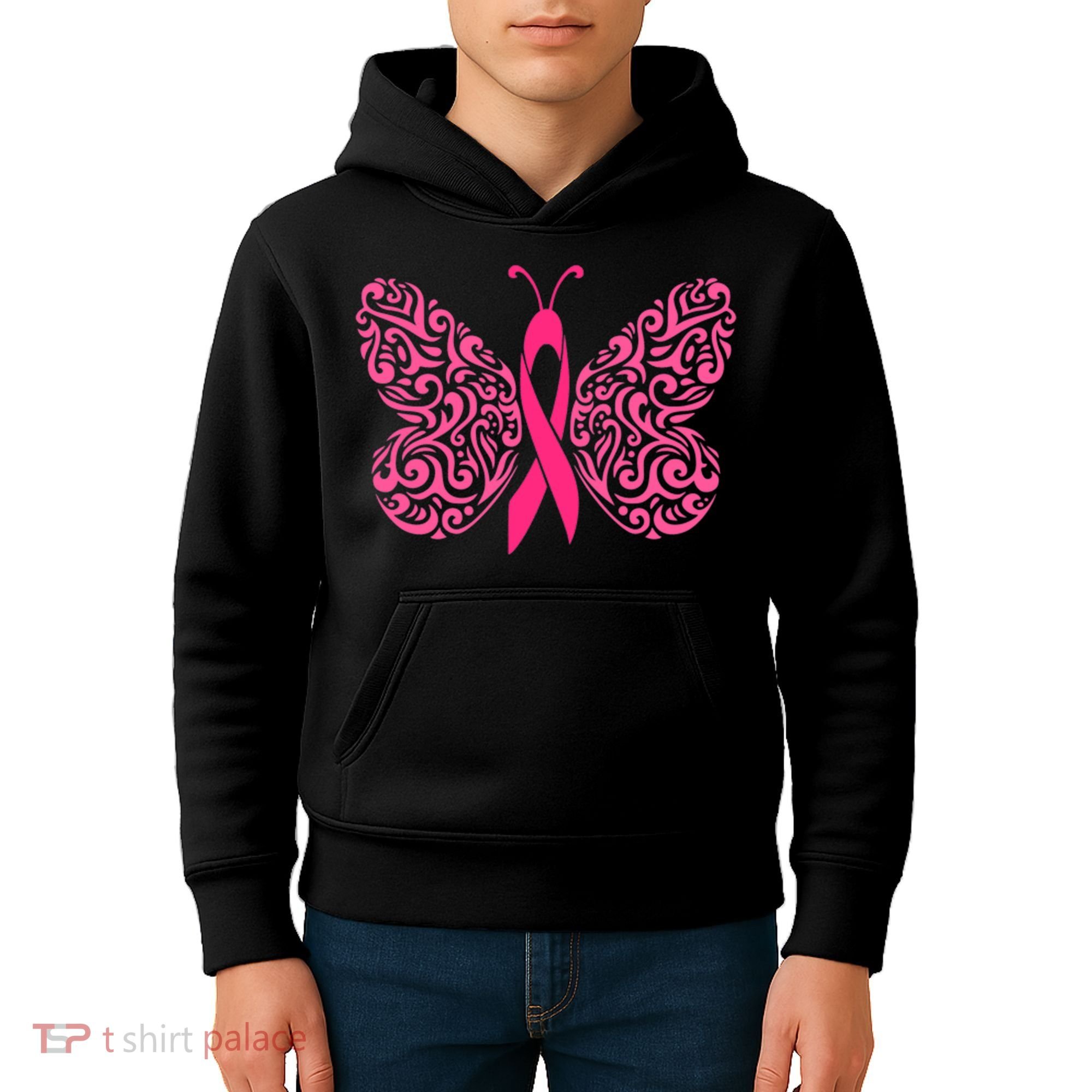 Pink Butterfly Breast Cancer Ribbon Kids Hoodie