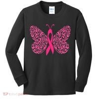 Pink Butterfly Breast Cancer Ribbon Kids Long Sleeve Shirt thumb 0