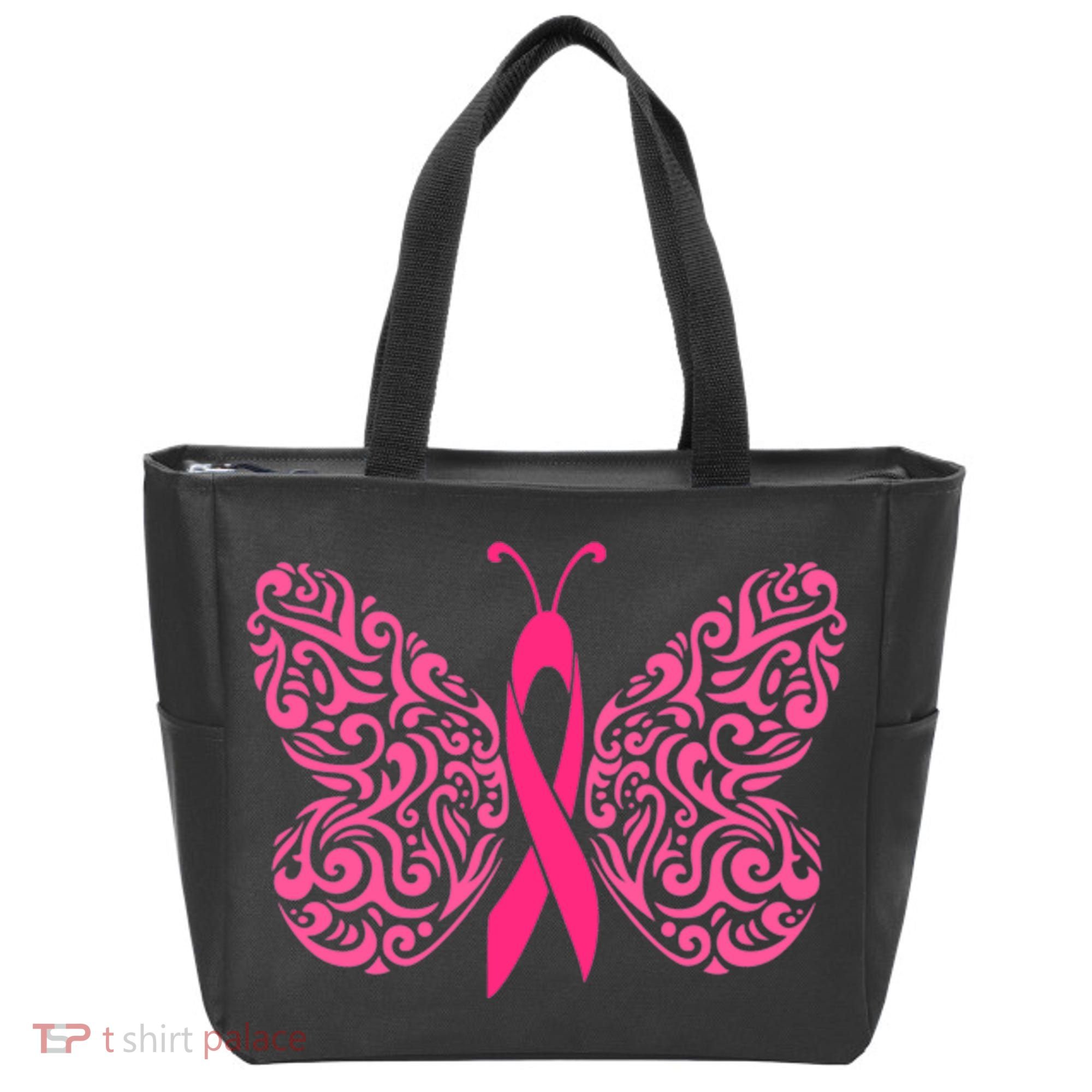 Pink Butterfly Breast Cancer Ribbon Tote Bag