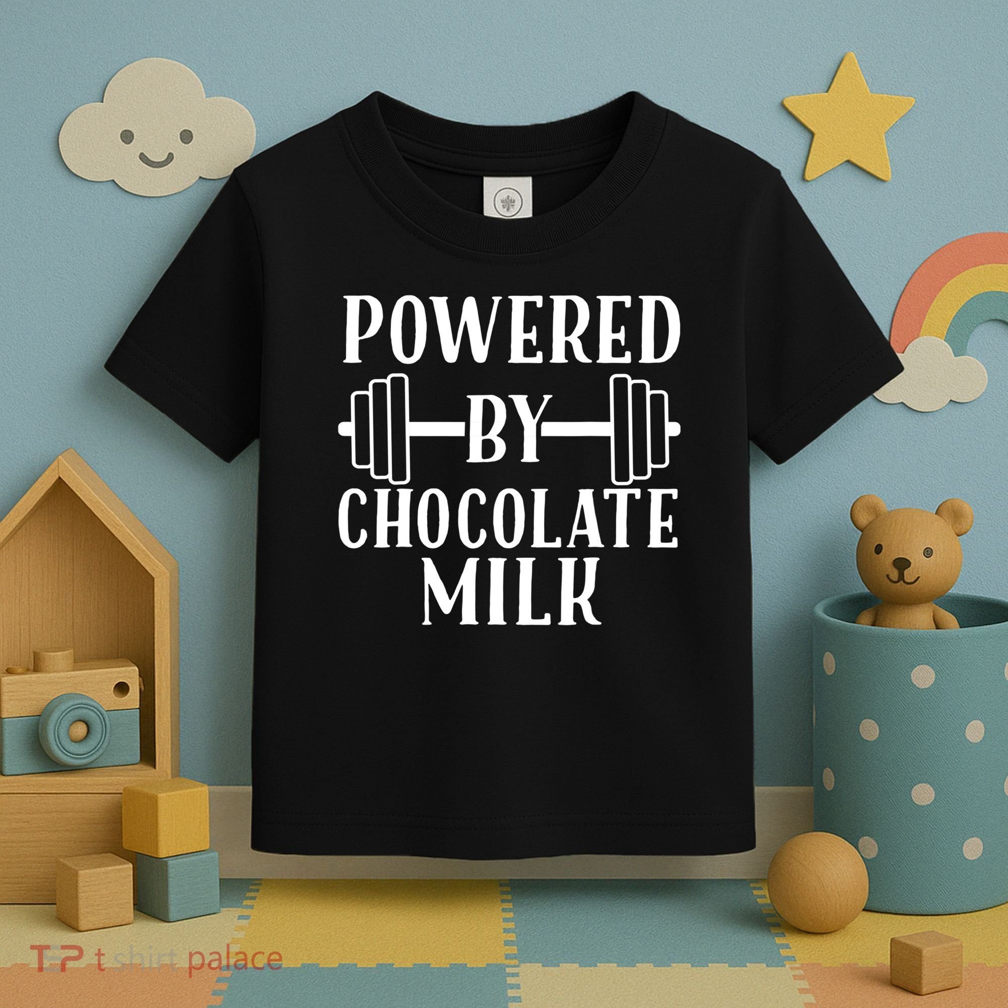 Powered By Chocolate Milk Gift Funny Weight Lifting Gift Toddler T-Shirt