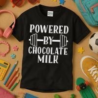 Powered By Chocolate Milk Gift Funny Weight Lifting Gift Kids T-Shirt thumb 3