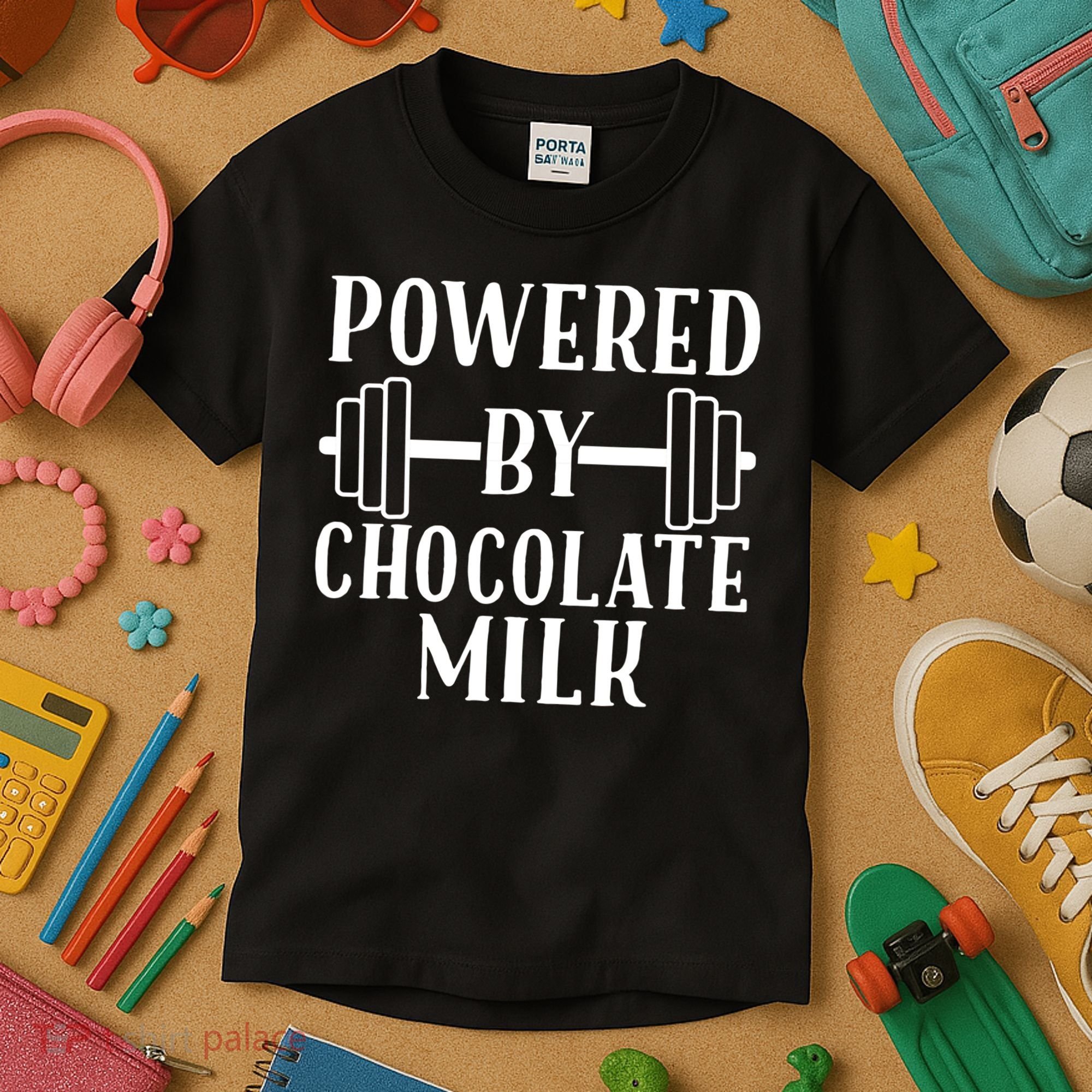 Powered By Chocolate Milk Gift Funny Weight Lifting Gift Kids T-Shirt