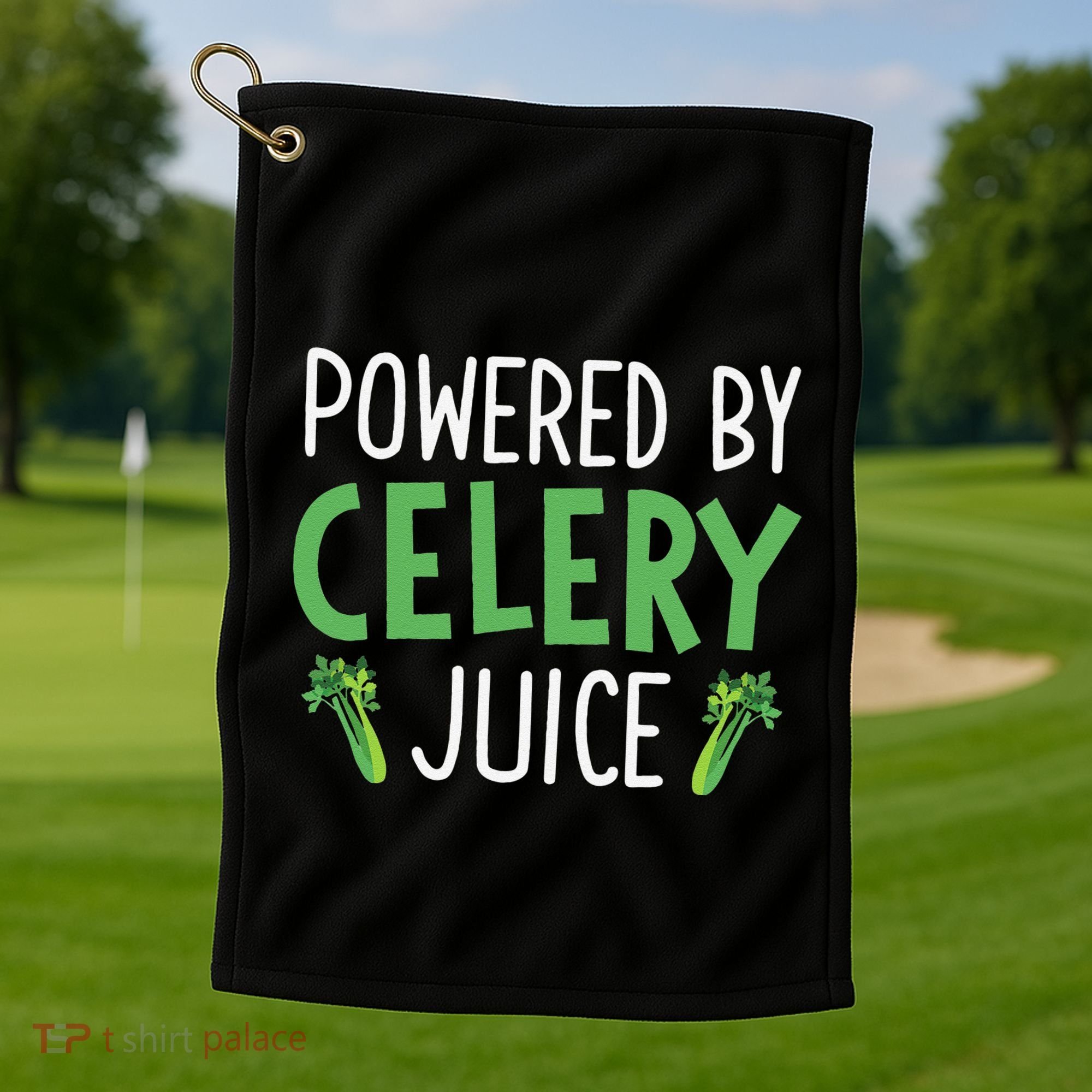 Powered By Celery Juice Golf Towel