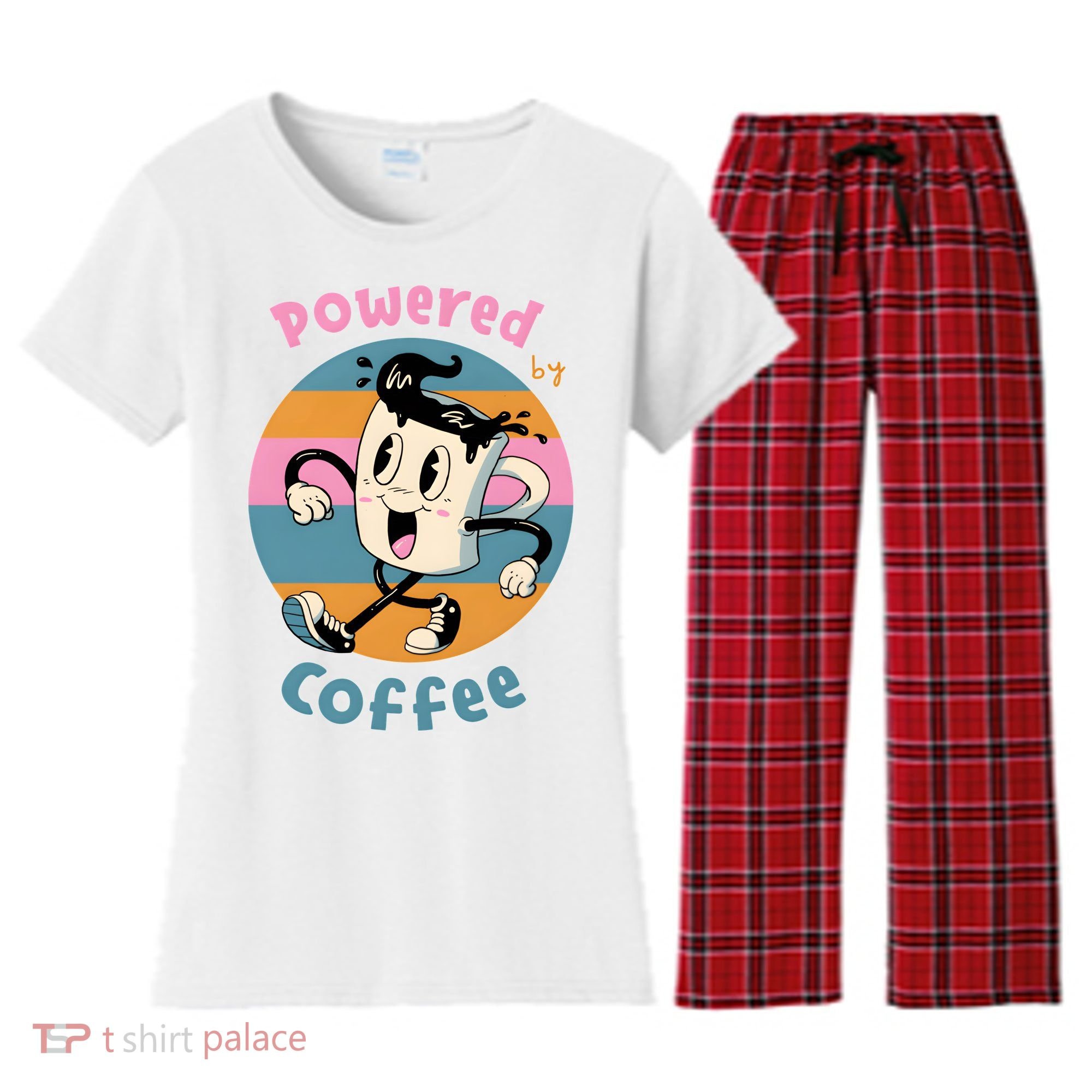 Powered By Coffee Lover Cute Coffee Cup Retro Women's Flannel Pajama Set