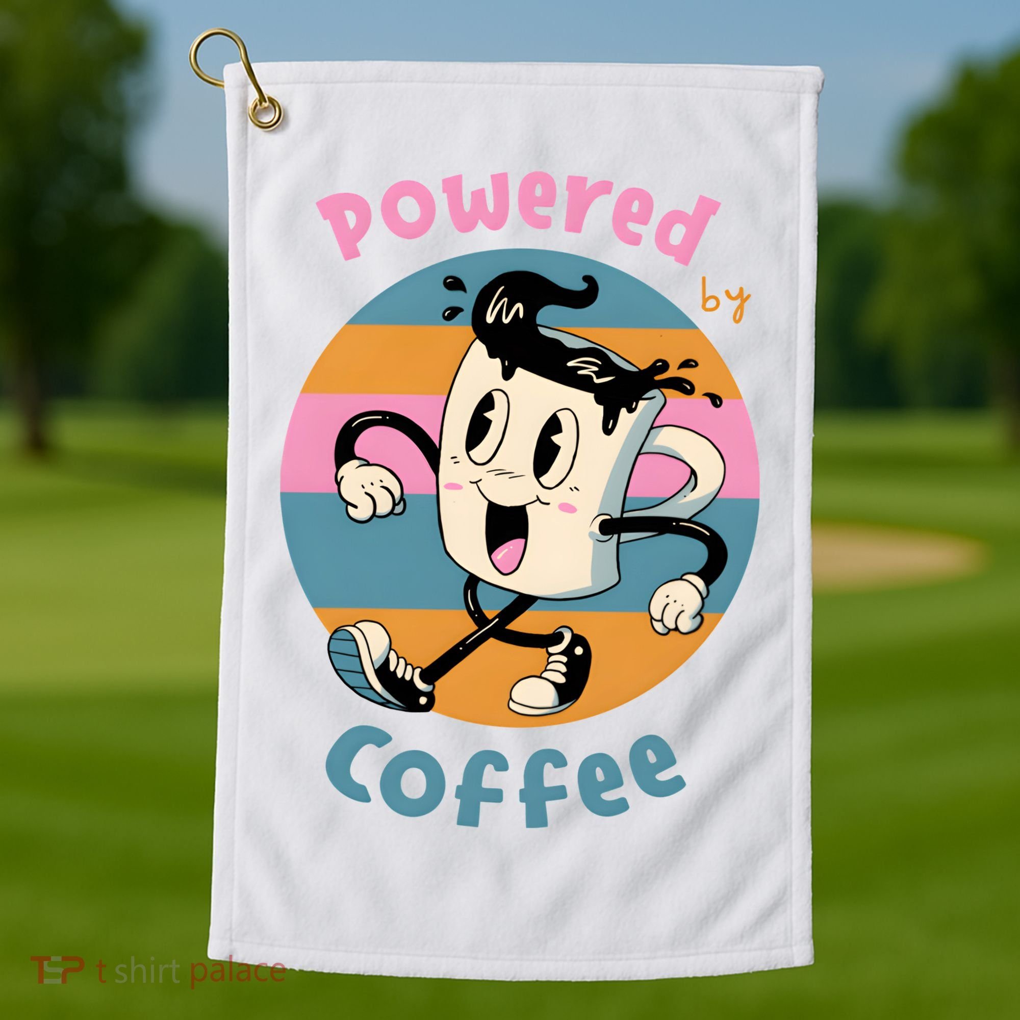 Powered By Coffee Lover Cute Coffee Cup Retro Golf Towel