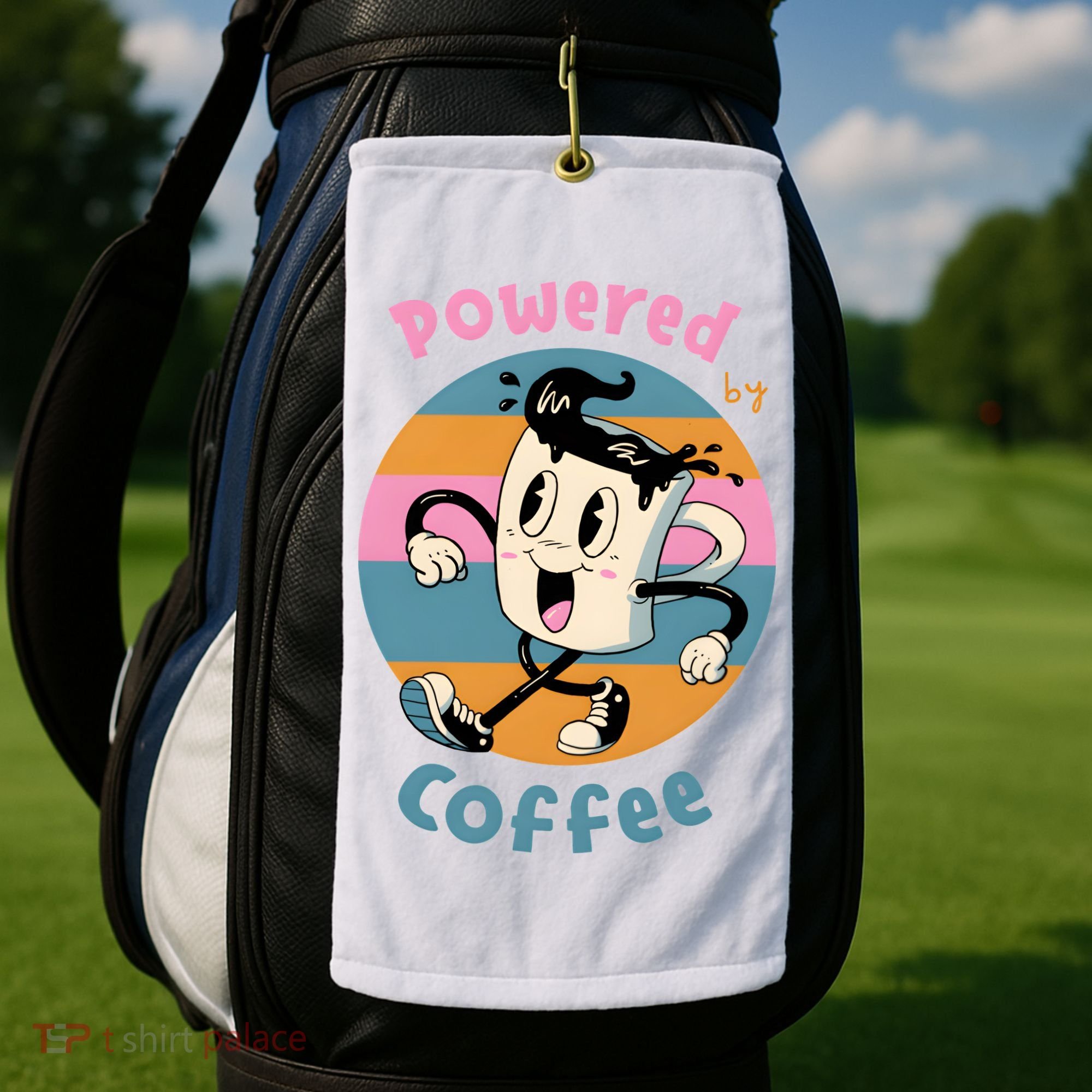 Powered By Coffee Lover Cute Coffee Cup Retro Golf Towel