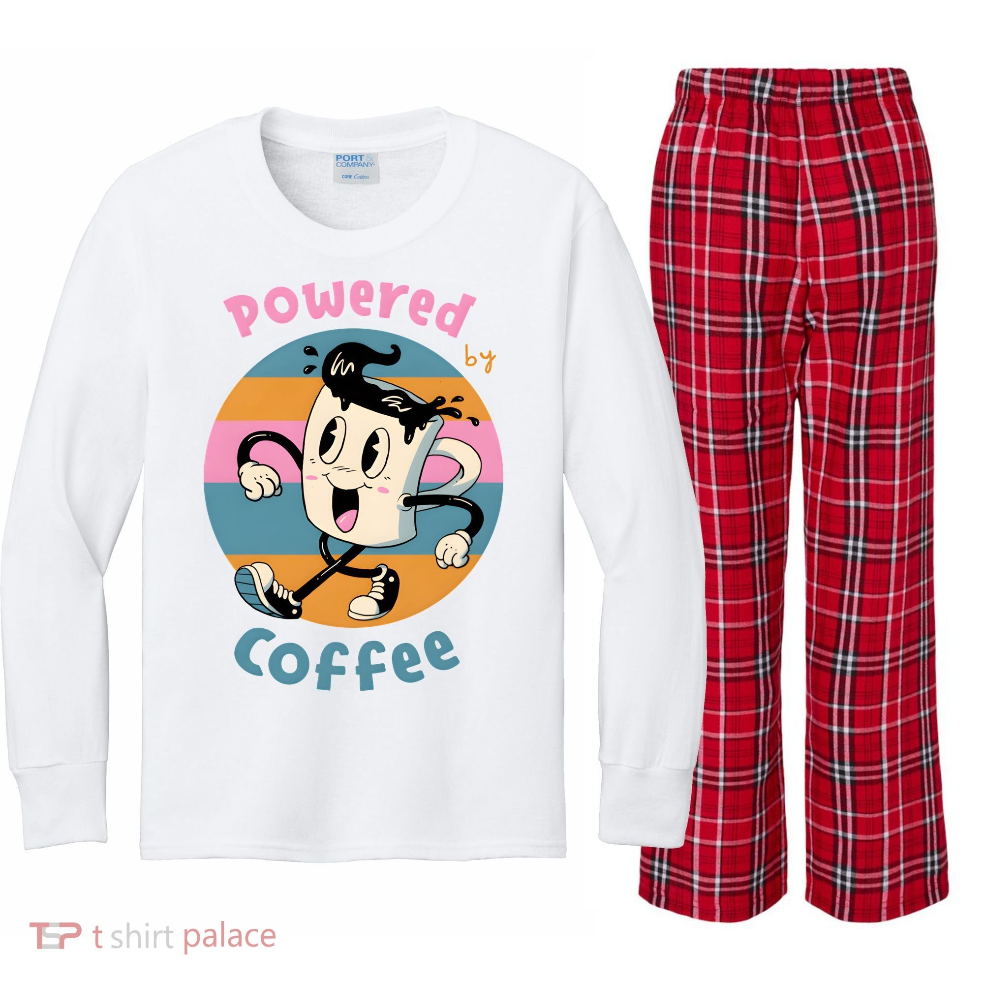 Powered By Coffee Lover Cute Coffee Cup Retro Kids Long Sleeve Plaid Pajama Set