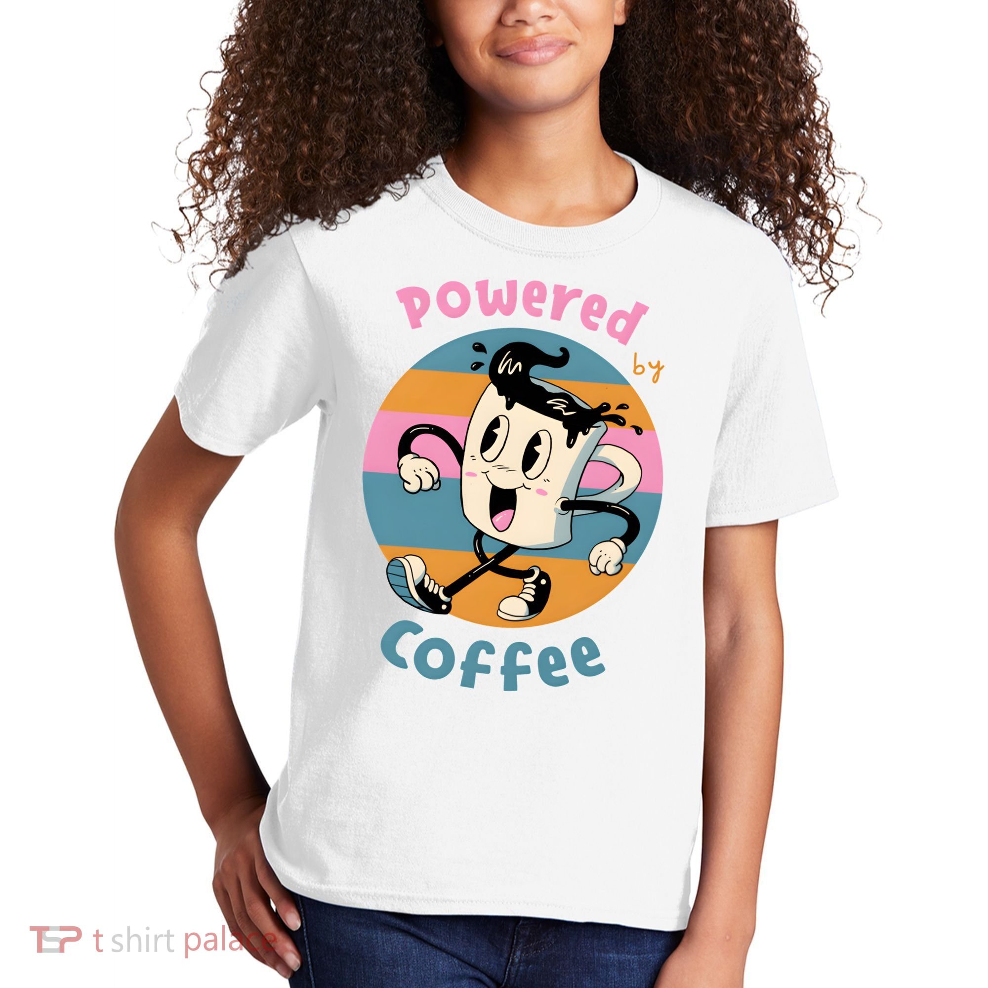 Powered By Coffee Lover Cute Coffee Cup Retro Kids T-Shirt
