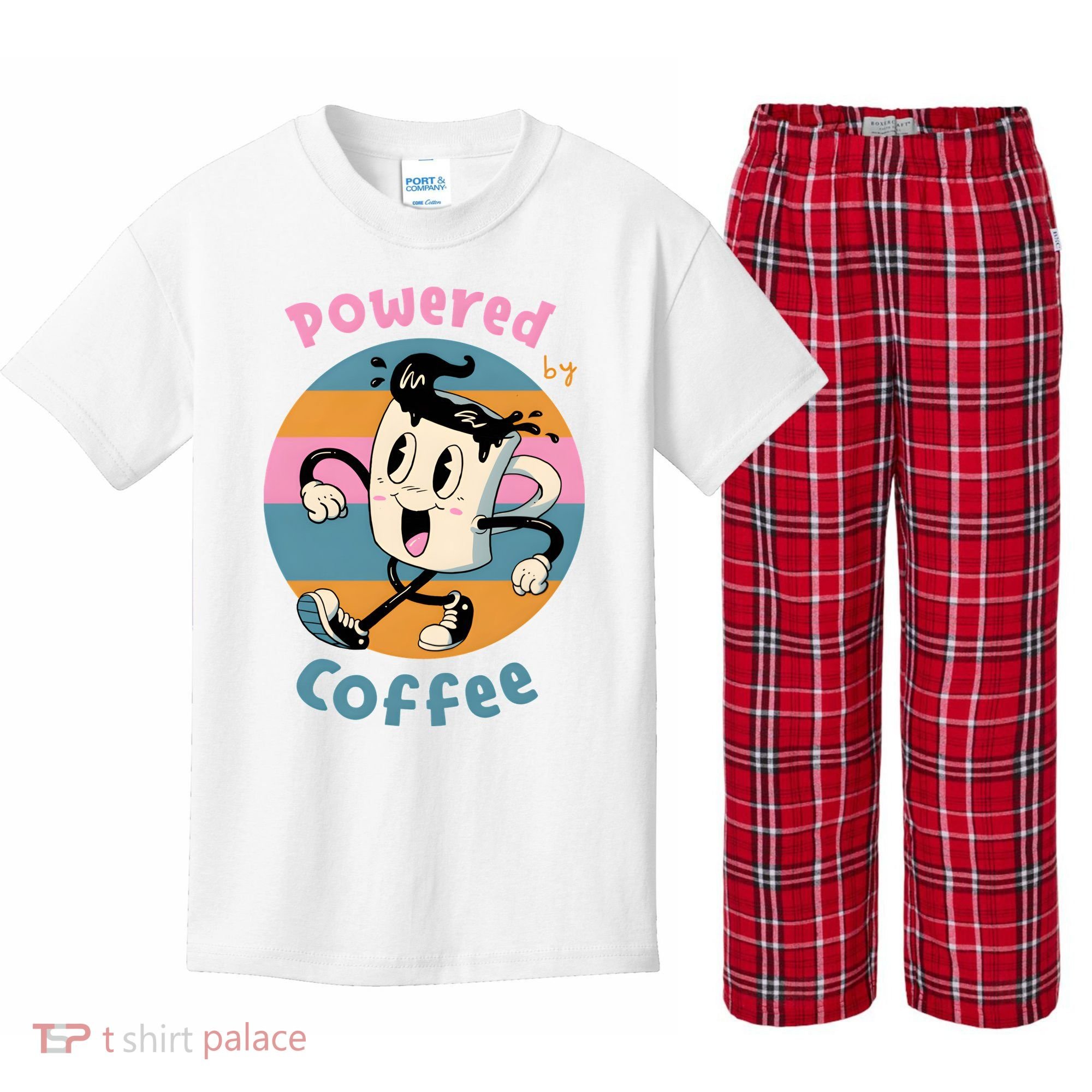 Powered By Coffee Lover Cute Coffee Cup Retro Kids Plaid Pajama Set