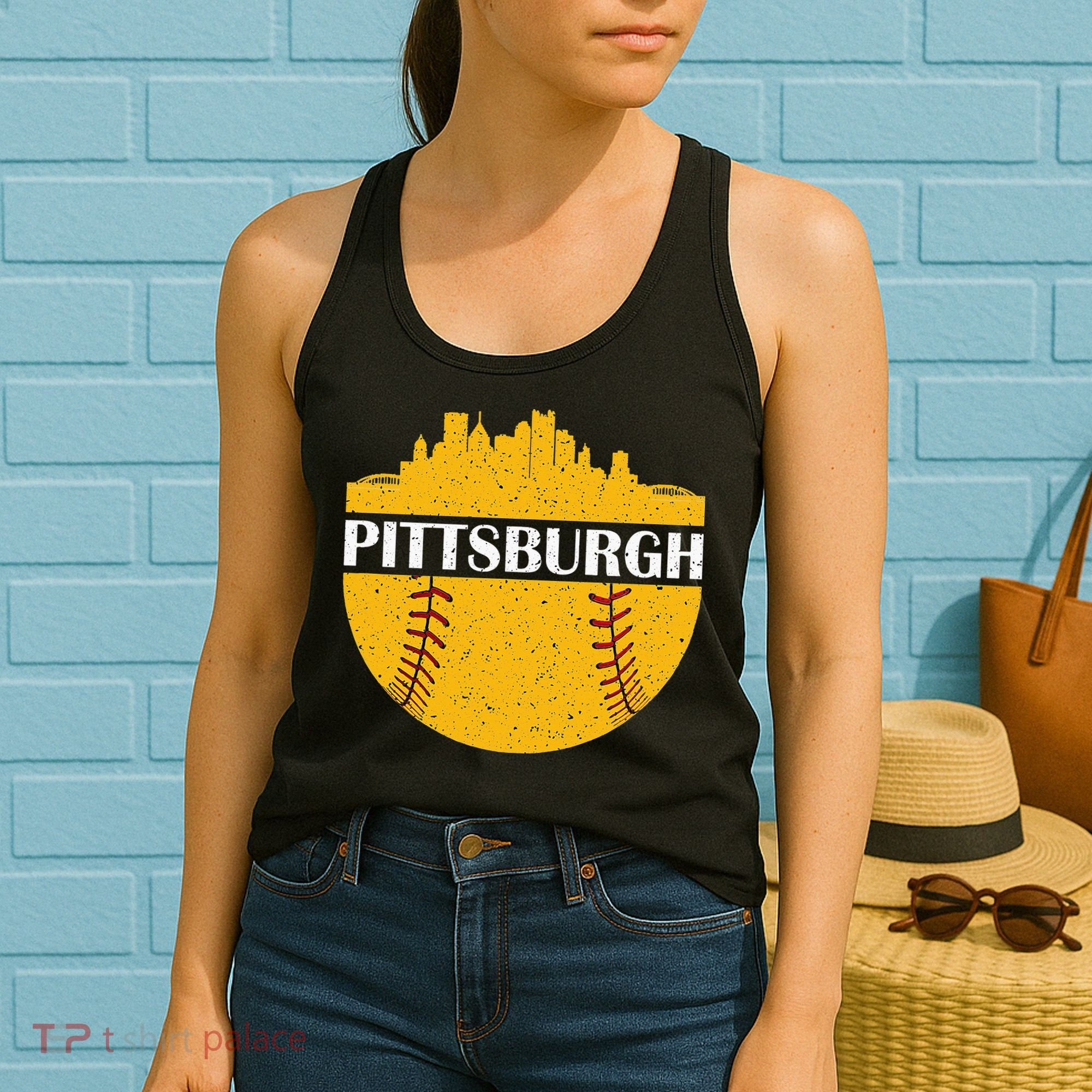 Pittsburgh Baseball Cityscape Distressed Novelty Pirate Women's Tank Top