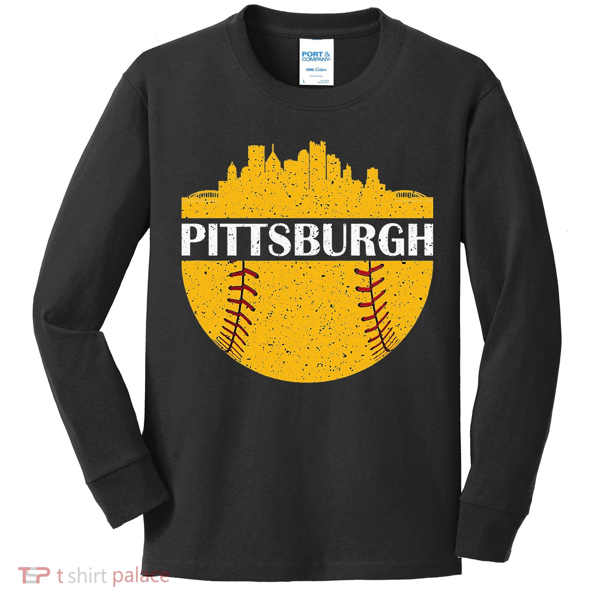 Pittsburgh Baseball Cityscape Distressed Novelty Pirate Kids Long Sleeve Shirt